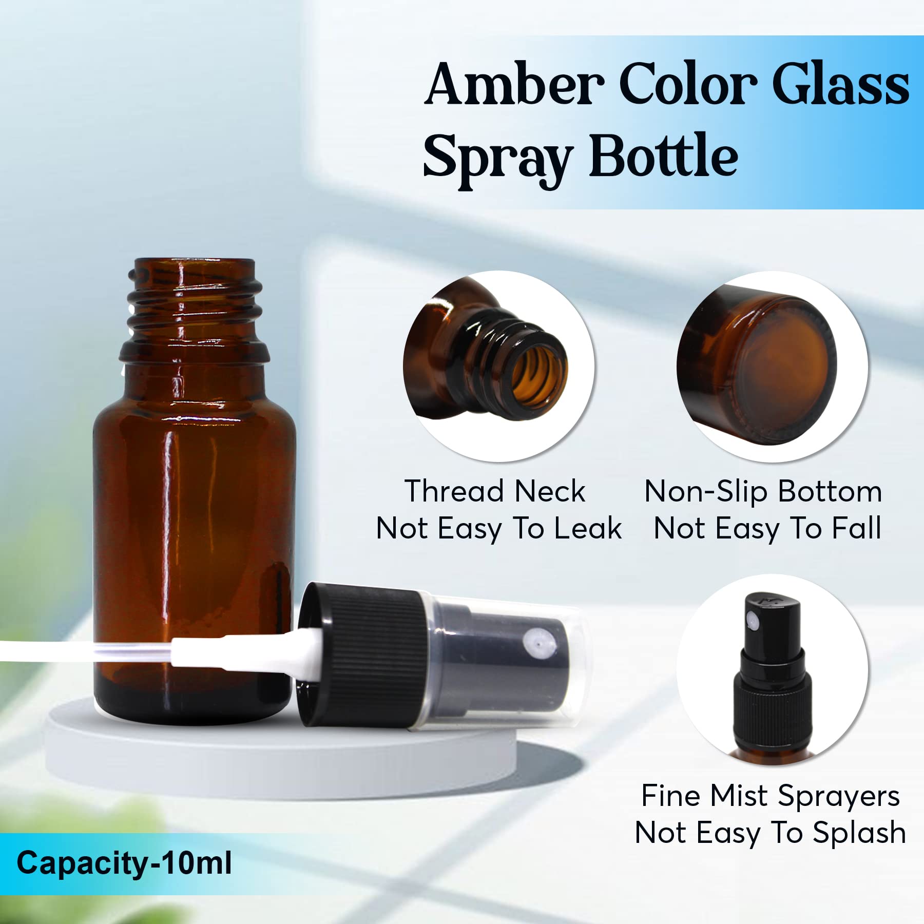 NSB Herbals 10ml Refillable Amber Glass Fine Mist Spray Bottles with Leak-Proof Pump - Perfect for DIY Perfume, Essential Oils, Aromatherapy Blends, Facial Mists & Beauty Products (3-Pack) - Ideal for Travel, Home Spa & Skincare Routine