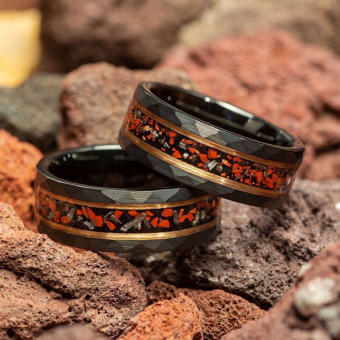 Dinosaur Bone & Meteorite Men's Wedding Ring - Hammered Black Tungsten with Rose Gold Inlay | 8mm Comfort Fit Band for Men | Unique Groomsmen Gift, Anniversary & Engagement Jewelry - Perfect for Outdoor Weddings & Adventure Lovers