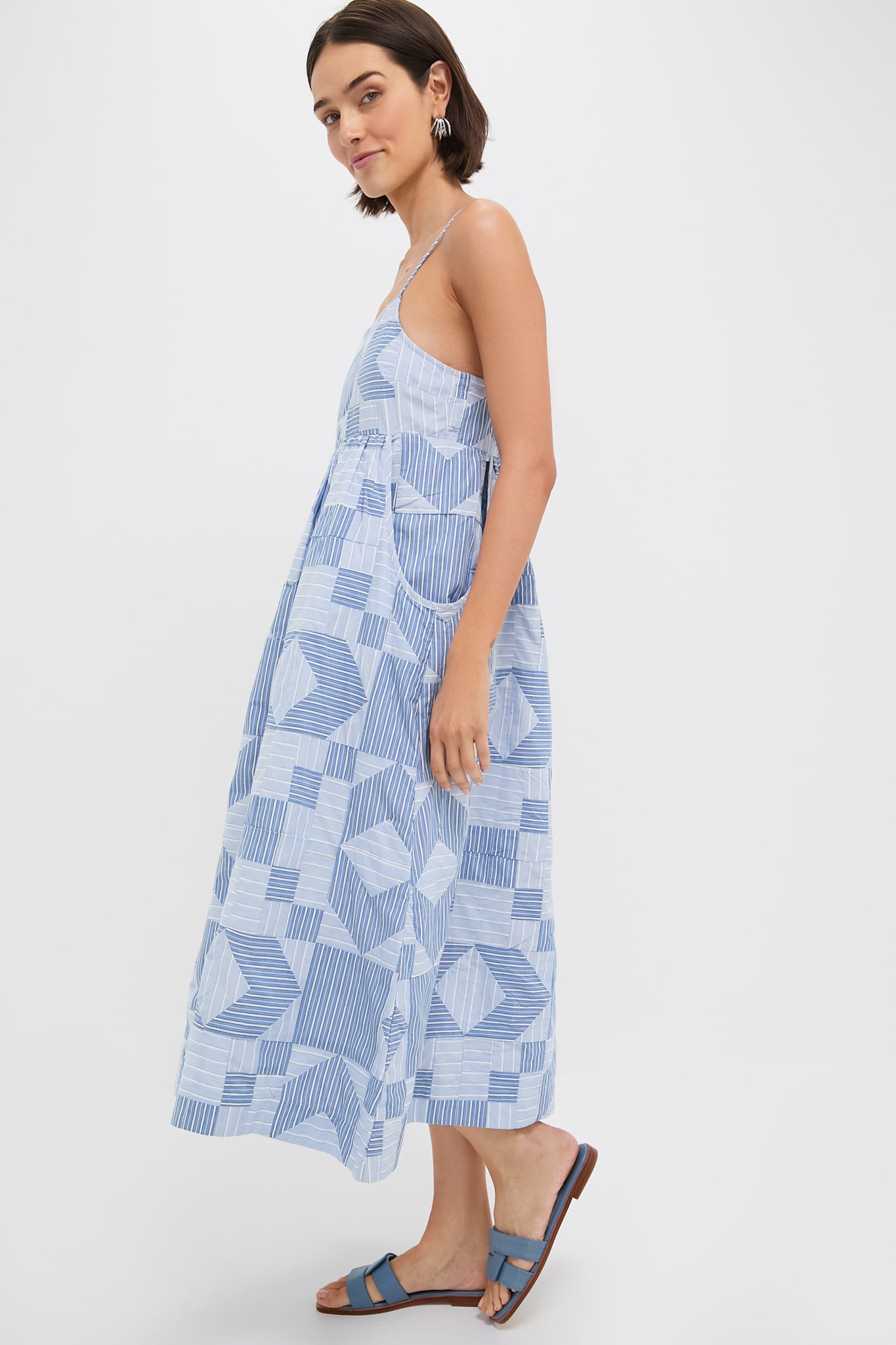 Blue Helmi Striped Shirting Midi Dress for Women - Casual Summer Flowy Dress for Beach, Brunch & Date Night