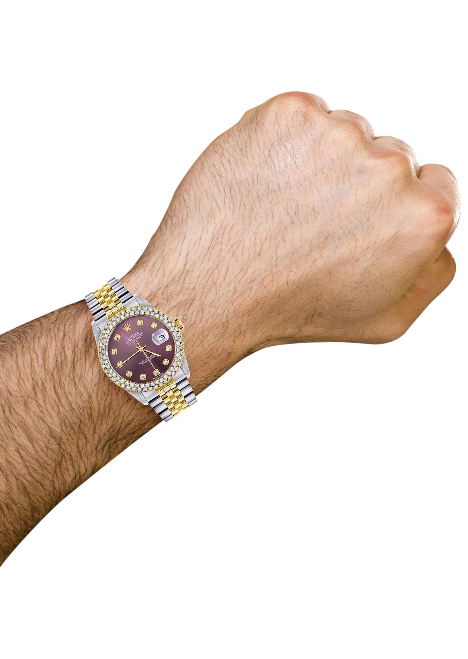 Luxury Diamond Gold Rolex Watch For Men 16233 | 36mm Stainless Steel | Custom Purple Dial | 4.25 Carat Diamond Bezel | Jubilee Bracelet | Perfect for Business, Gifts & Special Occasions