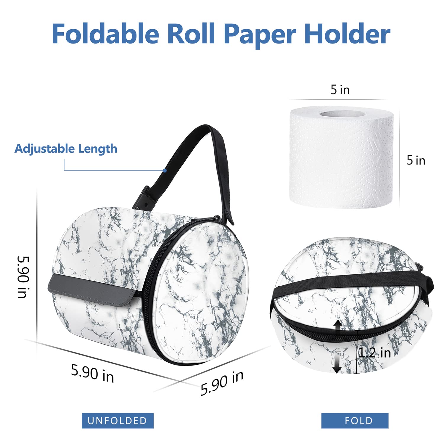 Waterproof Hanging Toilet Paper Holder - Portable Foldable Roll Tissue Dispenser with Strap for Camping, Bathroom, Hiking & Travel - Marble Design Toilet Paper Protector & Storage Case