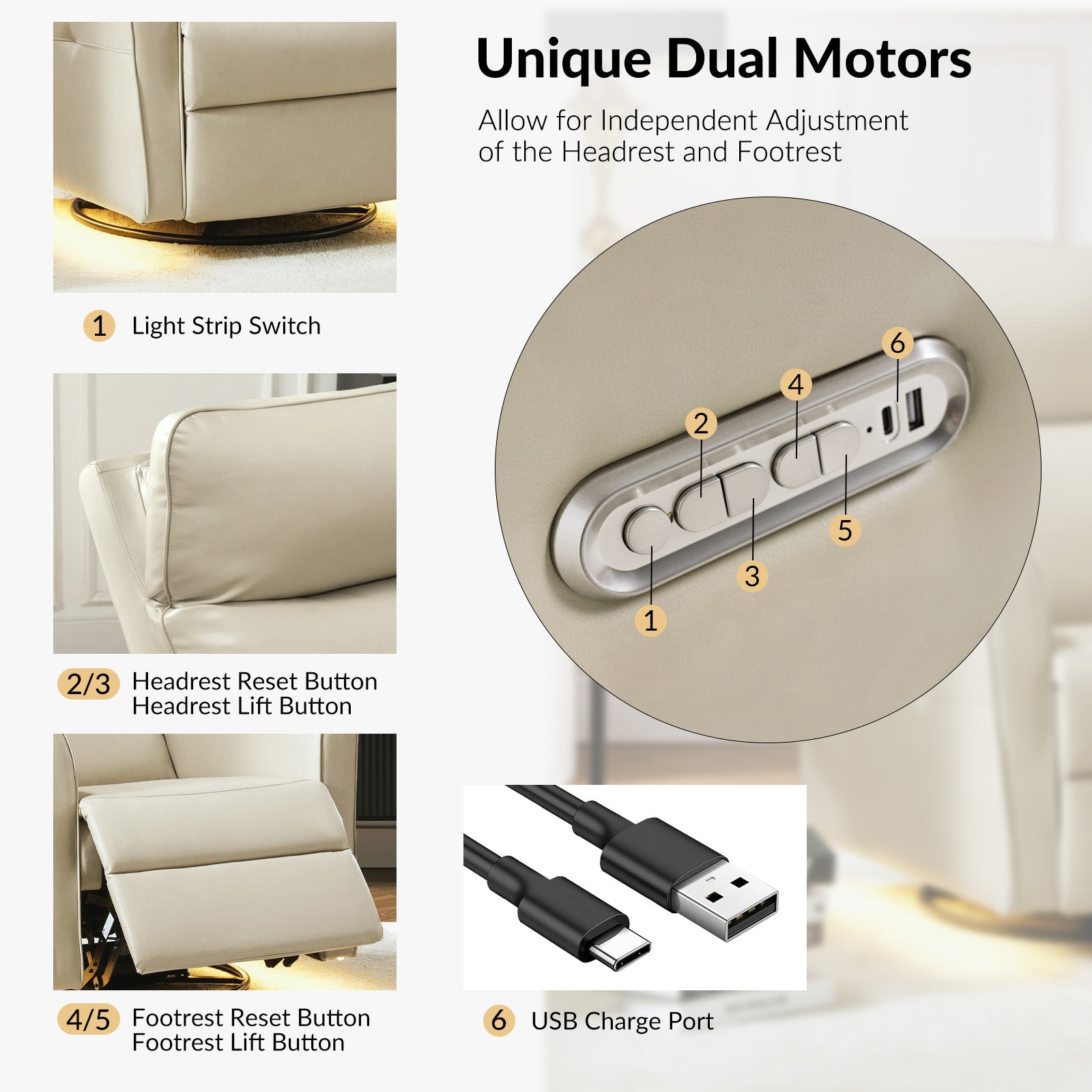 Modern Faux Leather Power Swivel Recliner Chair with USB Charging & Adjustable LED Reading Lamp - Perfect for Home Theater, Living Room & Office Relaxation