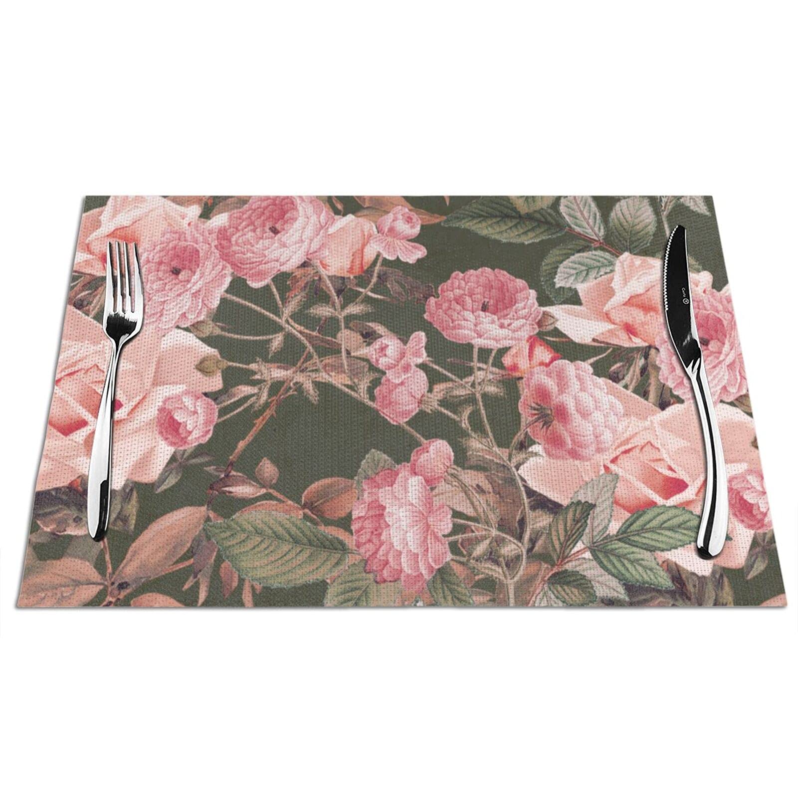 Elegant Vintage Red Rose PVC Placemats Set of 4 - Non-Slip, Heat & Stain Resistant Floral Table Mats (12