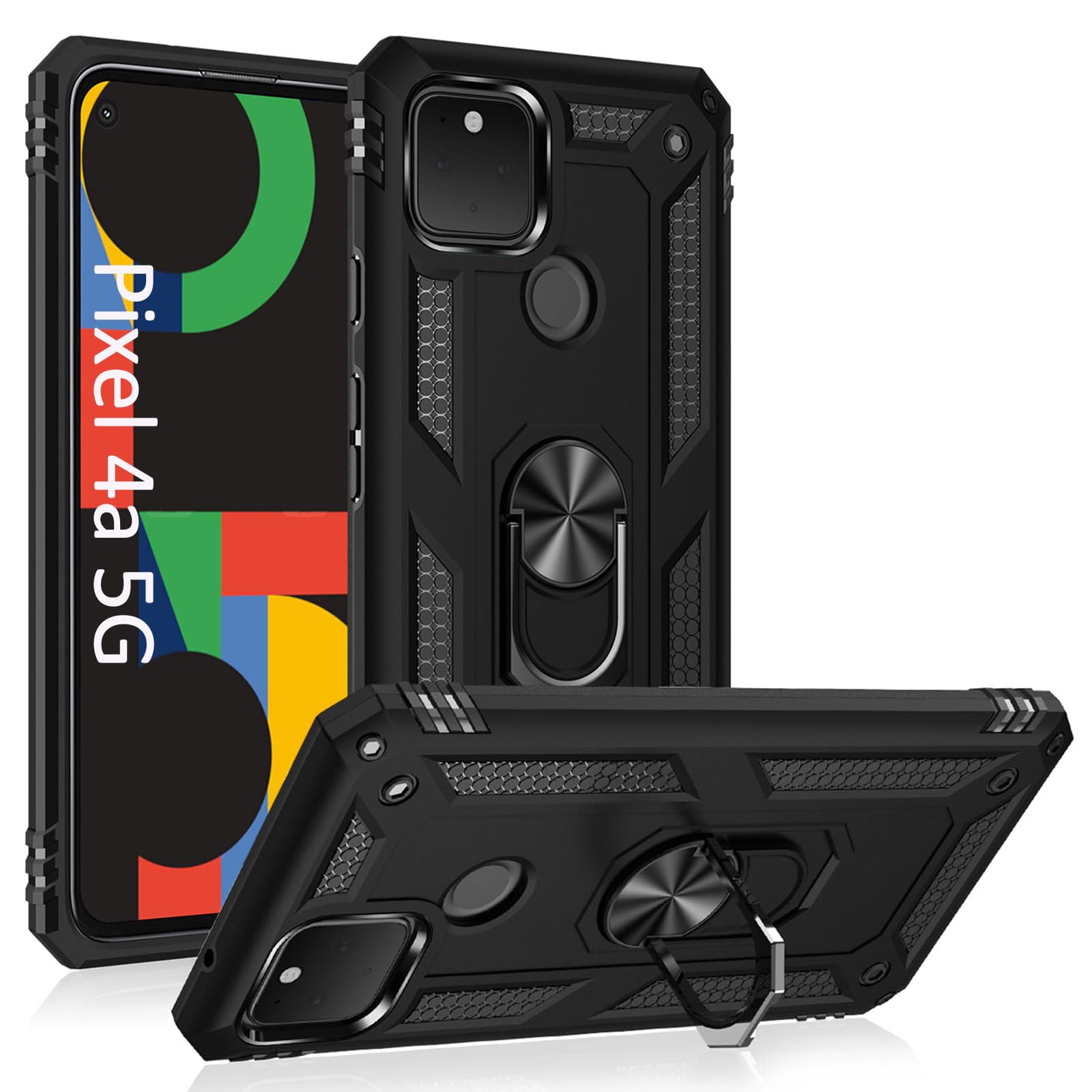 Military Grade Protective Phone Case for Google Pixel 4a 5G with Ring Car Mount & Kickstand - Shockproof Cover for Everyday Use, Travel & Outdoor Activities - Black