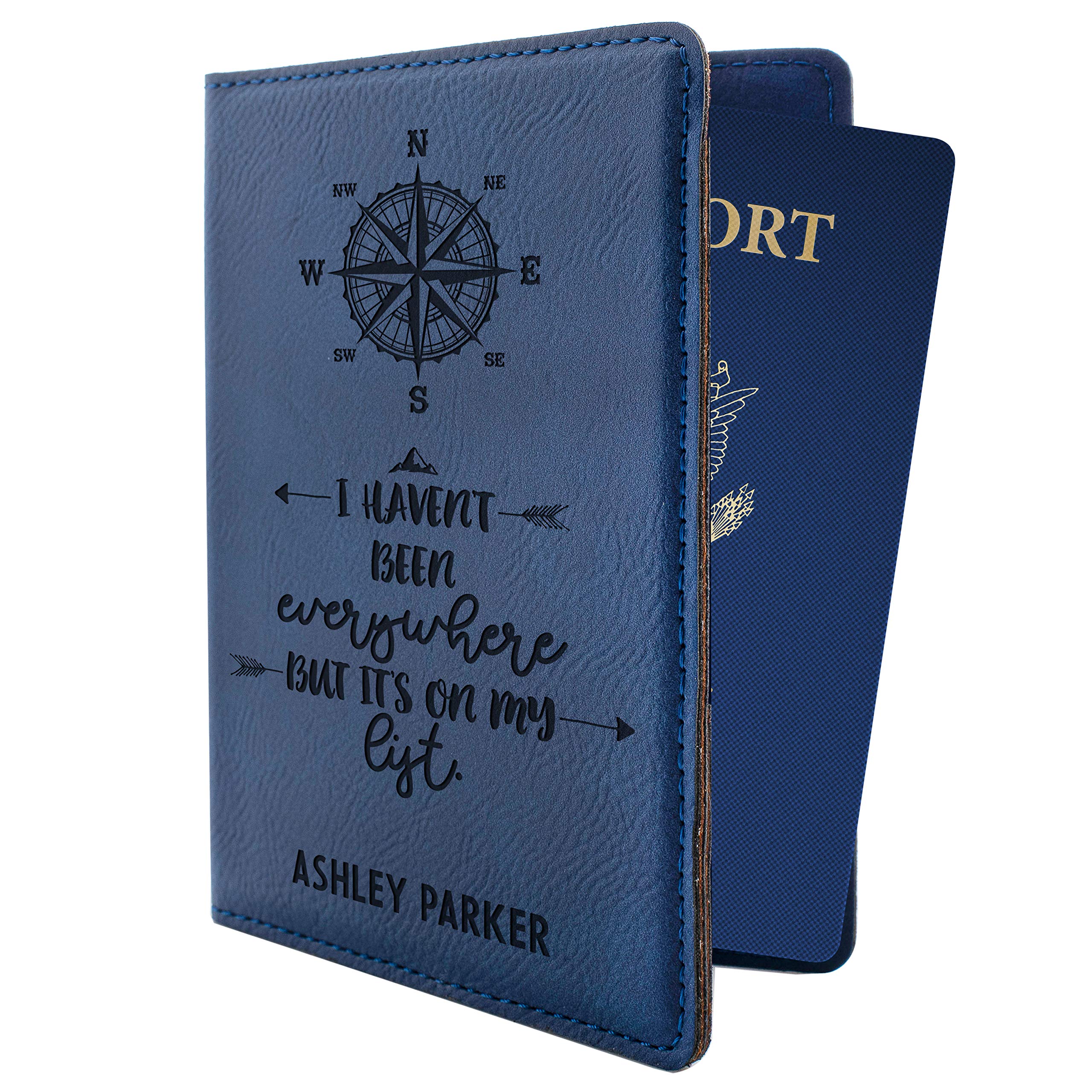 Custom Engraved Leather Passport Cover with Name & Quote - Personalized Travel Gift for Men & Women - Perfect for Honeymoon, Business Trips & Frequent Flyers | Blue