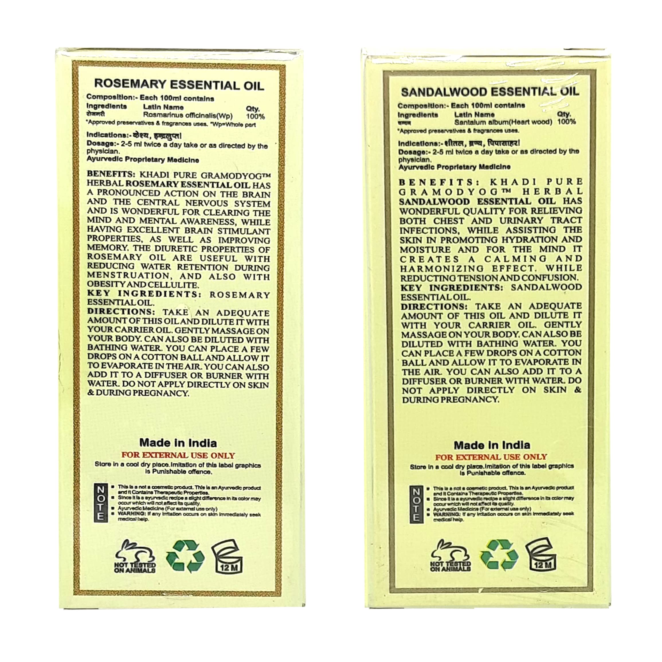 Khadi Pure Rosemary & Sandalwood Essential Oil - 15ml (Pack of 2) - Natural Aromatherapy Oil for Relaxation, Hair Growth & Skin Care | Perfect for Diffusers, Massage & DIY Beauty Products