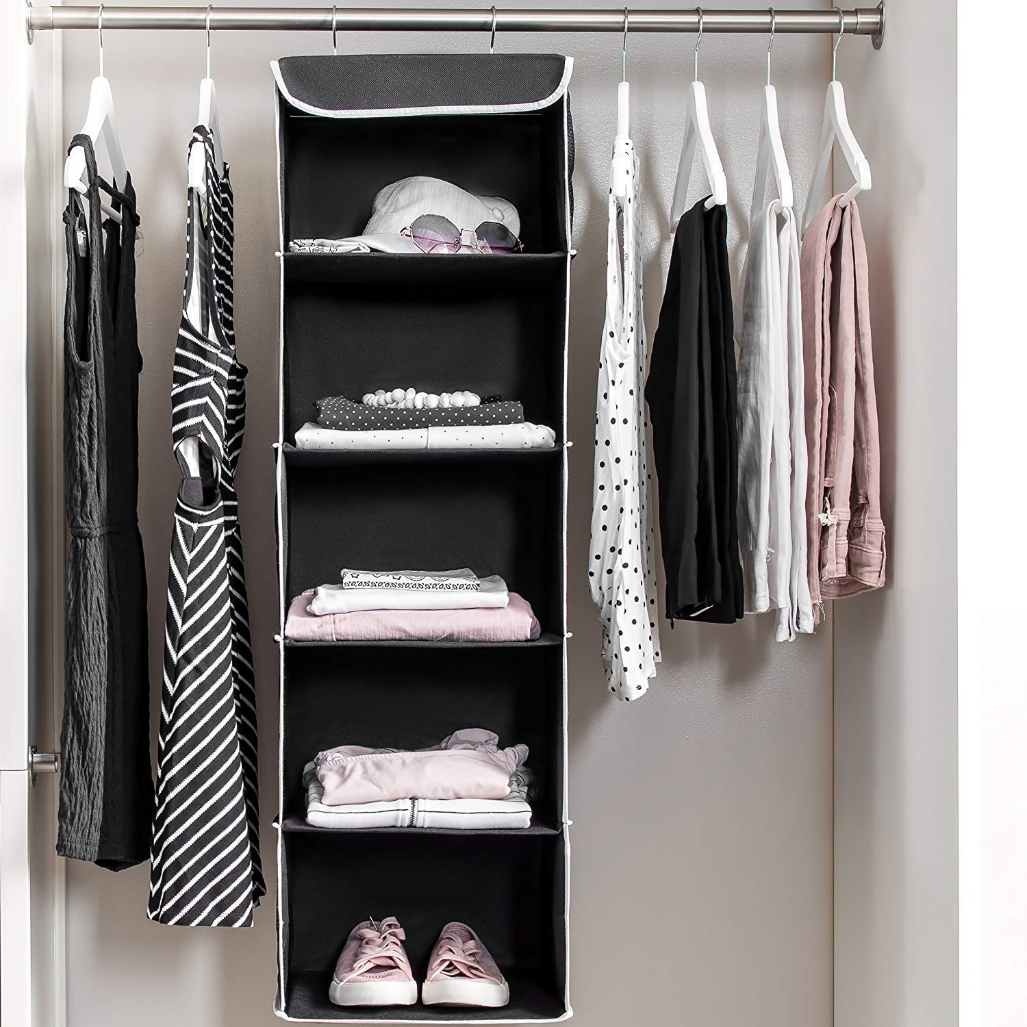 ZOBER 5-Shelf Hanging Closet Organizer - Space Saving Storage Shelves for Clothes, Towels & Toys - Perfect for Dorm Rooms, Kids Nursery & Home Closet Organization - Ideal for Small Spaces & Seasonal Storage