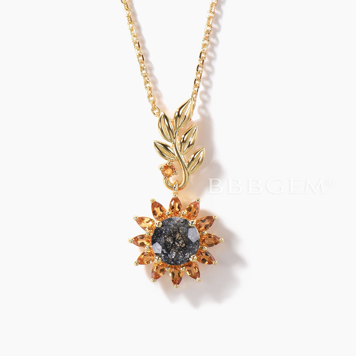Natural Black Rutilated Quartz Round Cut Leaf Necklace with Citrine Halo Sunflower Pendant - Elegant Boho Jewelry for Women, Perfect for Weddings, Parties & Everyday Wear