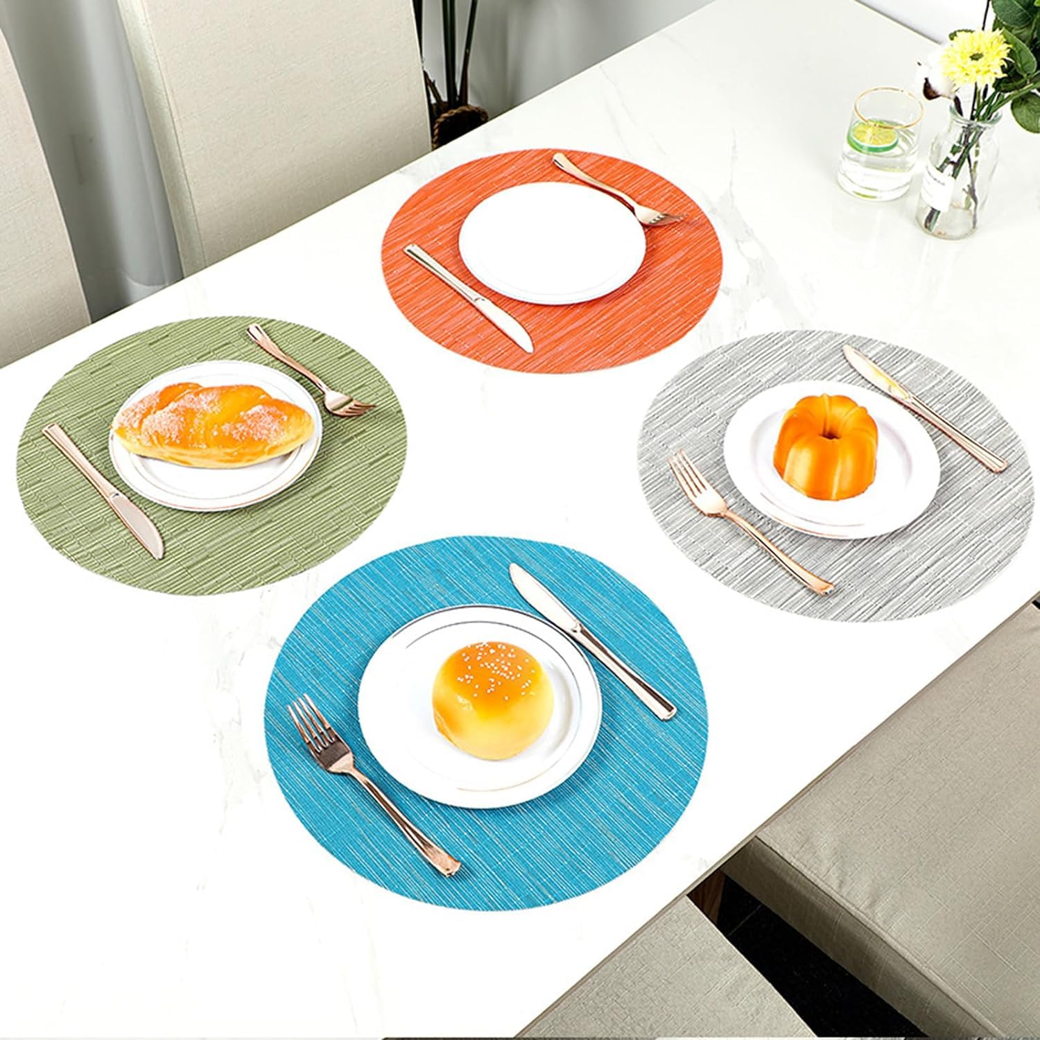 Round Woven Placemats Set of 4 - 13.8 Inch Washable Non-Slip Table Mats for Dining, Christmas Decor, Home, Wedding & Party - Orange Home Decor for Holiday Tablescapes