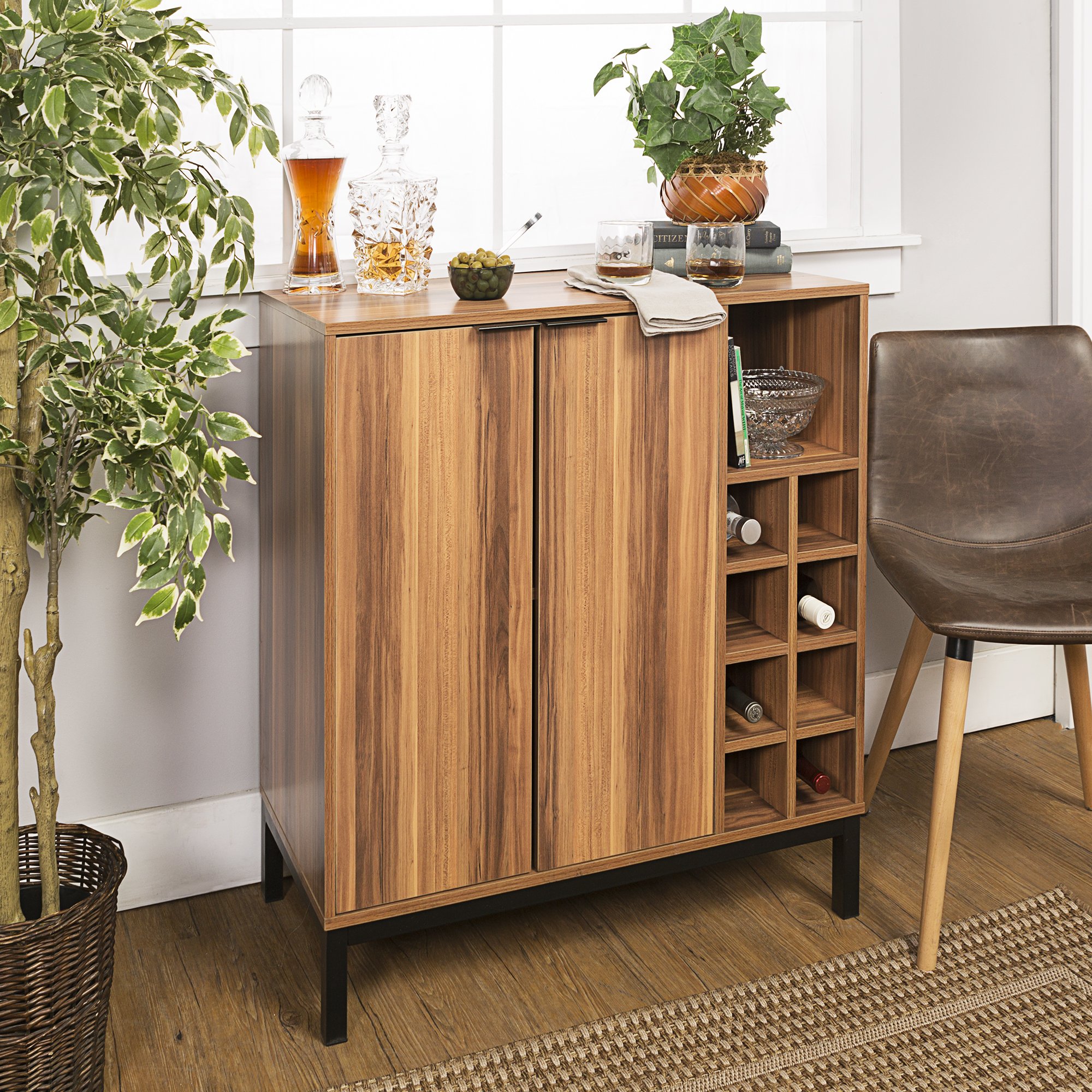Modern Teak Wood Bar Cabinet with Wine Storage - Stylish Home Bar Furniture for Living Room, Dining Room, or Man Cave