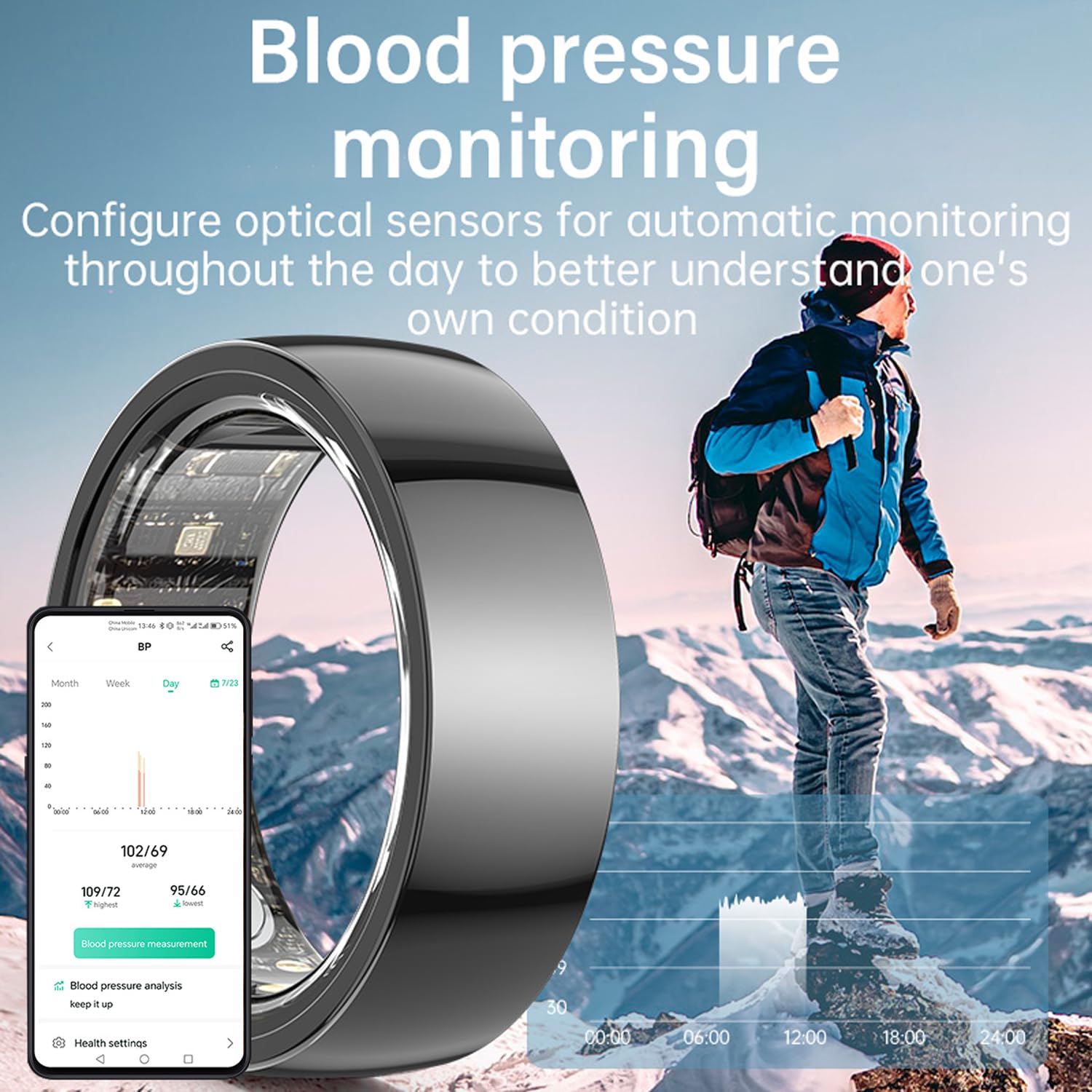 Smart Ring Health Tracker for Men & Women - Ceramic Black Fitness Sleep Monitor with Long Battery Life - Perfect for Activity Tracking, Heart Rate Monitoring & Sleep Analysis (Size 8)