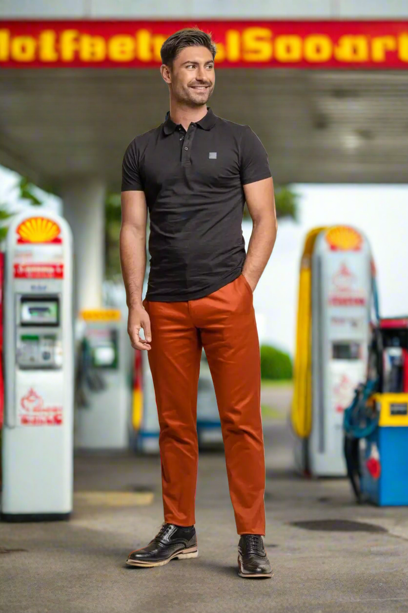 Cavani Men's Dakota Rust Chino Pants - Comfortable Slim Fit Casual Trousers for Work, Office & Everyday Wear