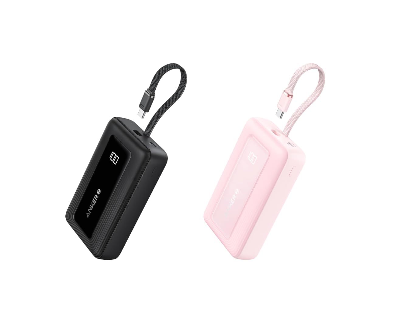 Anker 20000mAh Power Bank with 30W Fast Charging & Built-in USB-C Cable - Portable Charger for iPhone, Samsung, iPad - Perfect for Travel, Camping, and Emergency Backup (Black & Pink)