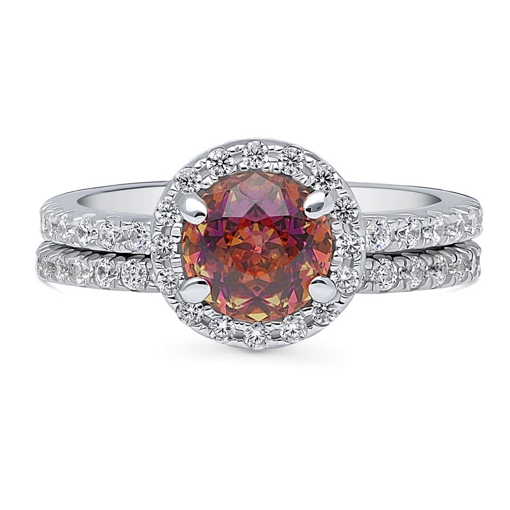 Sterling Silver Halo Wedding & Engagement Ring Set with Red Orange Round Cut Cubic Zirconia for Women, Rhodium Plated Size 4-10 - Perfect for Proposals, Anniversaries & Special Occasions