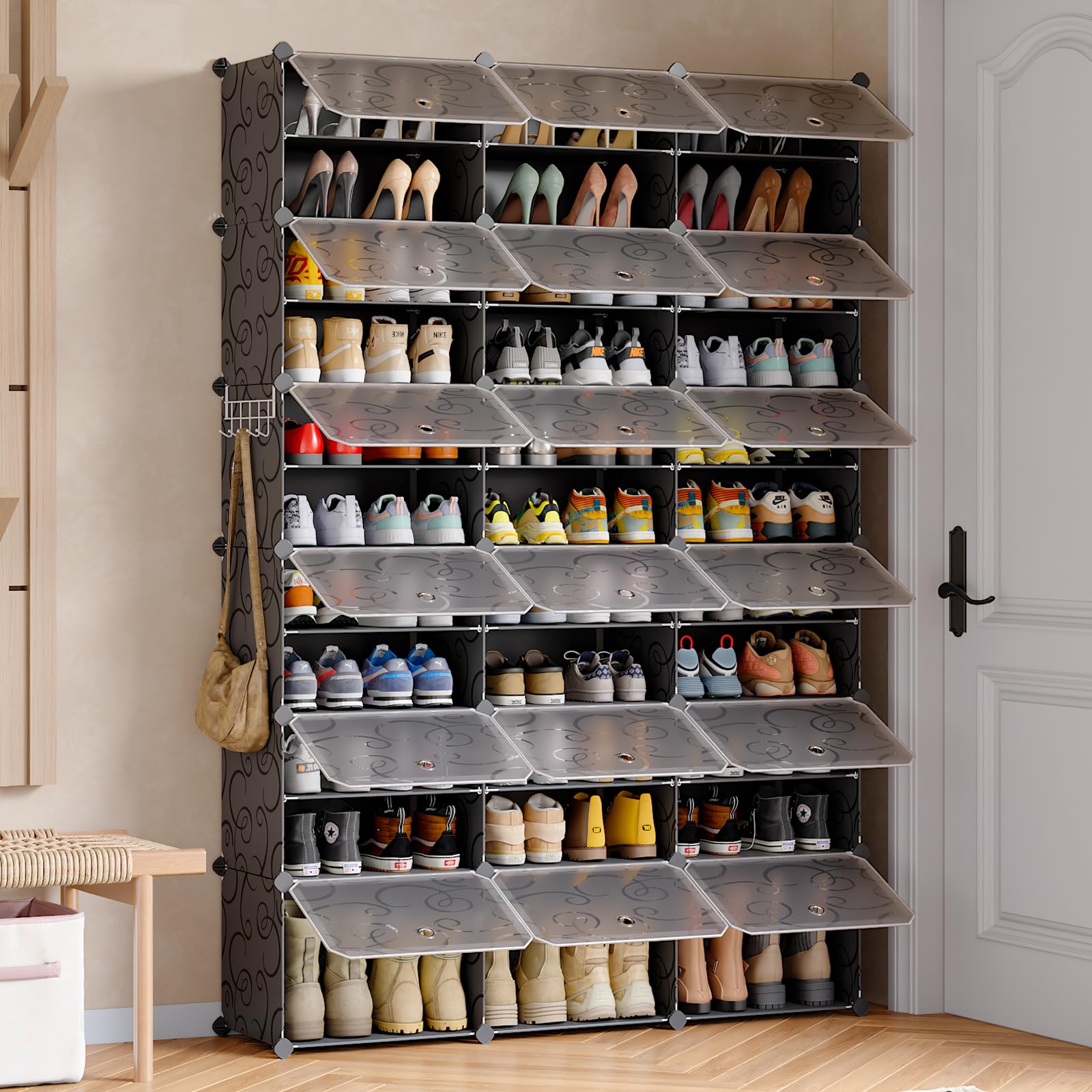 MAGINELS 72-Pairs Shoe Storage Cabinet with Doors - Large DIY Plastic Detachable Shoe Rack Organizer for Entryway, Bedroom, Closet (Black) | Space-Saving Shoe Storage Solution for Home Organization
