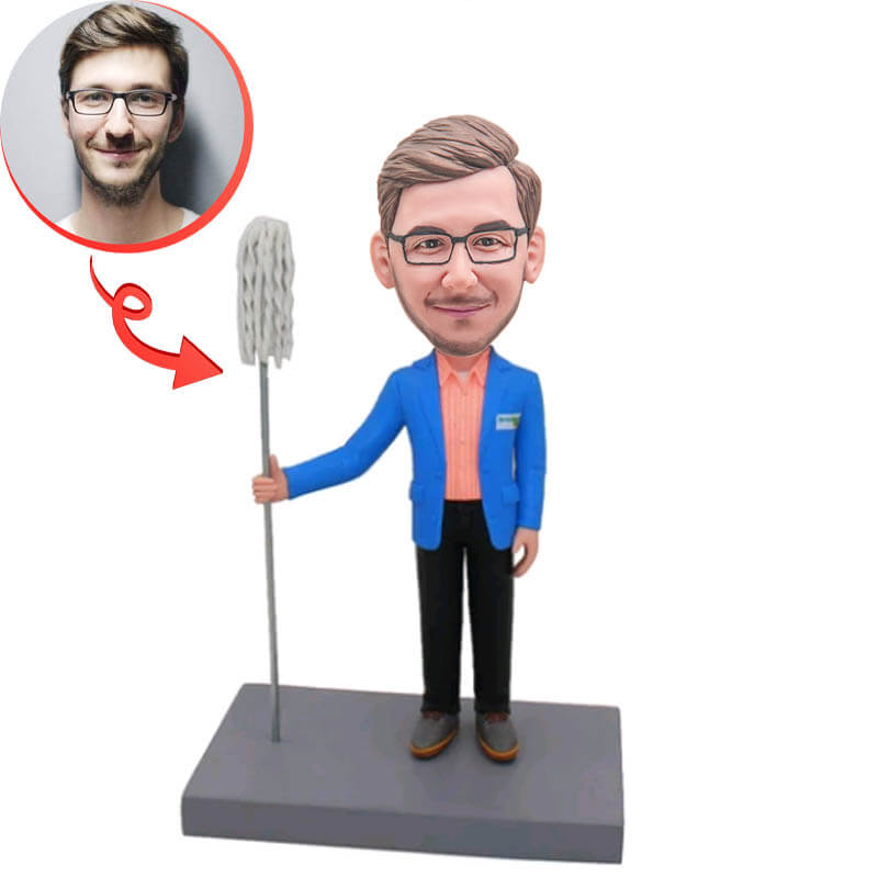 Custom Bobblehead of Man With Mop - Personalized Cleaning-Themed Bobblehead Doll - Perfect for Office Decor, Housewarming Gifts & Cleaning Enthusiasts