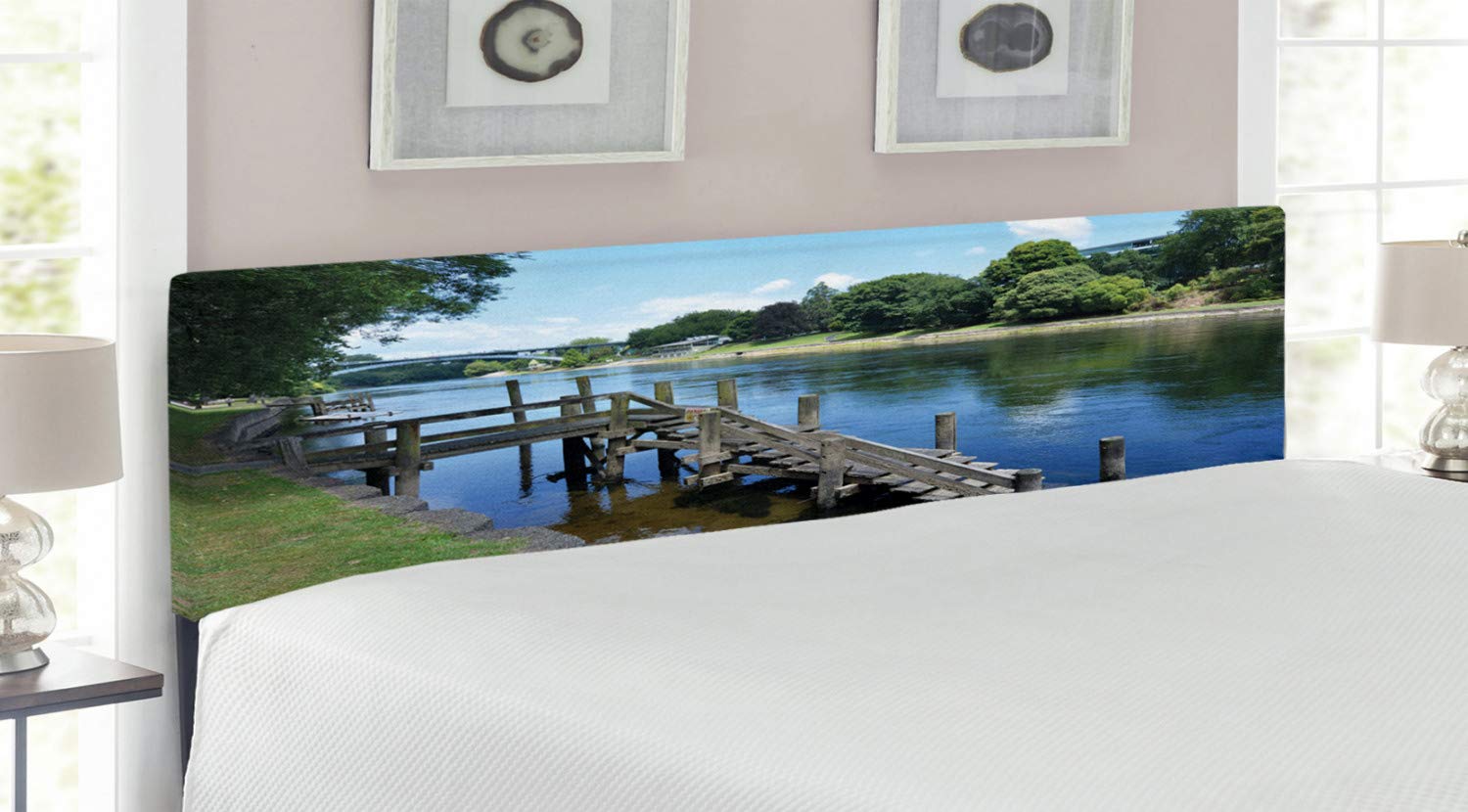 Ambesonne King Size Upholstered Metal Headboard with Memory Foam - Waikato River Hamilton New Zealand Landscape Design - Green Blue Grey Outdoor Bed Headboard for Bedroom Decor & Vacation Home Styling