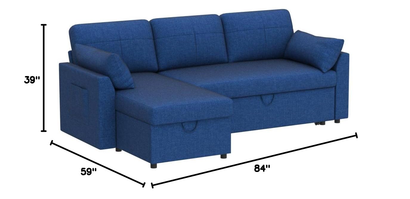 VanAcc 2-in-1 Sleeper Sofa Bed with Storage Chaise - Convertible Pull Out Couch for Small Spaces, Guest Room & Living Room - Soft Linen Blue Fabric - Perfect for Apartments, Dorms & Home Offices