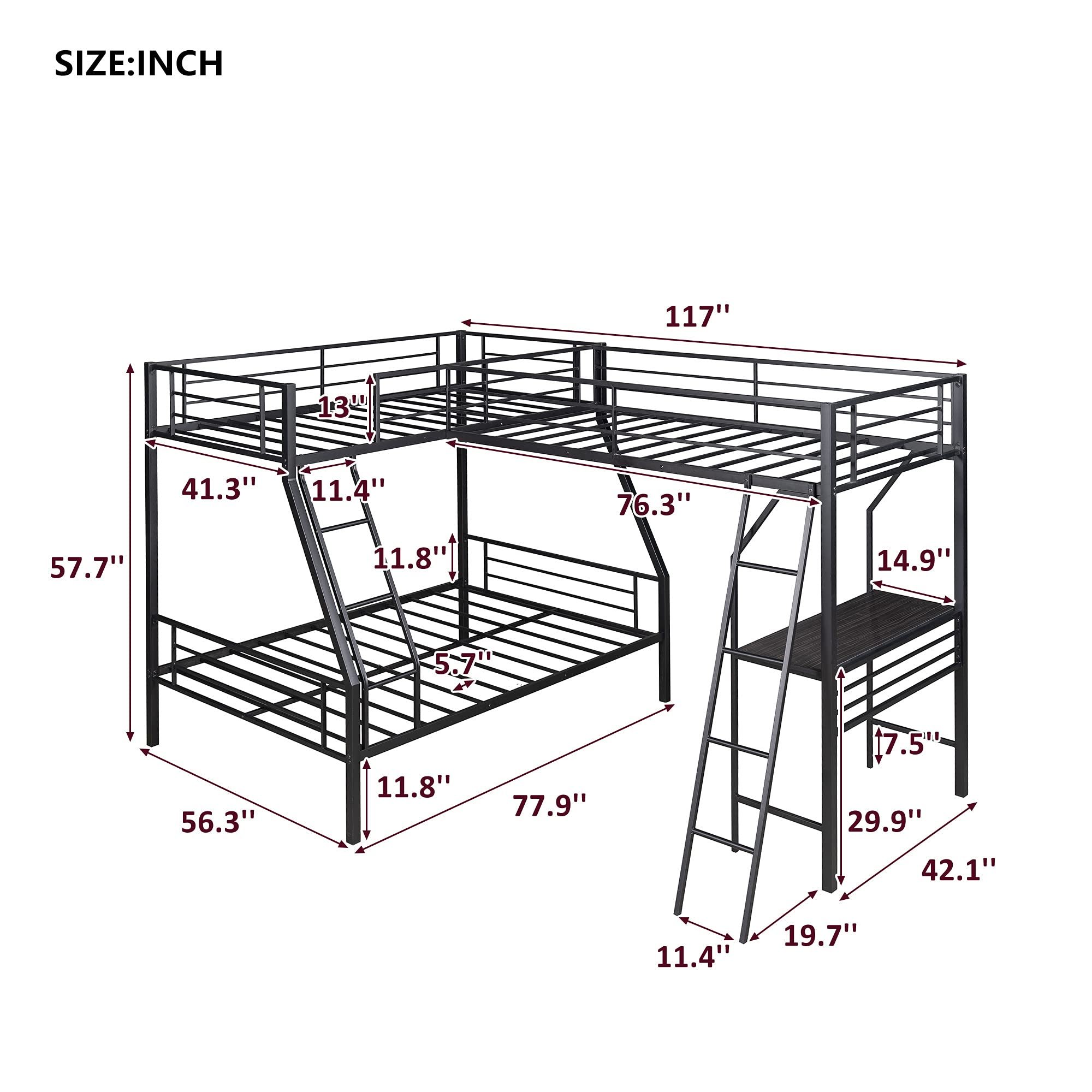 Space-Saving Metal Loft Bed - Twin Over Full Bunk Bed with Built-in Desk, Ladder & Safety Guardrails | Triple Loft Bed Design, No Box Spring Required | Perfect for Small Apartments, Dorms & Kids' Rooms