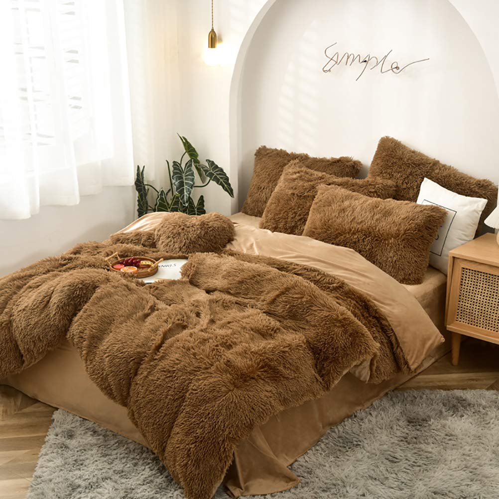 Luxury Plush Velvet Duvet Cover 4-Piece Set - Ultra Soft Mink Cashmere Bedding Comforter Cover with Pillowcases | Winter Warm Shaggy Bedspread in Brown | King/Queen Size | Perfect for Cozy Bedrooms & Guest Rooms