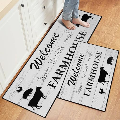 2 Pcs Washable Non-Slip Kitchen Rugs Set - Cushioned Farmhouse Mats for Floor, Sink, Bathroom, Home Decor - Perfect for Kitchen Runner & Standing Comfort