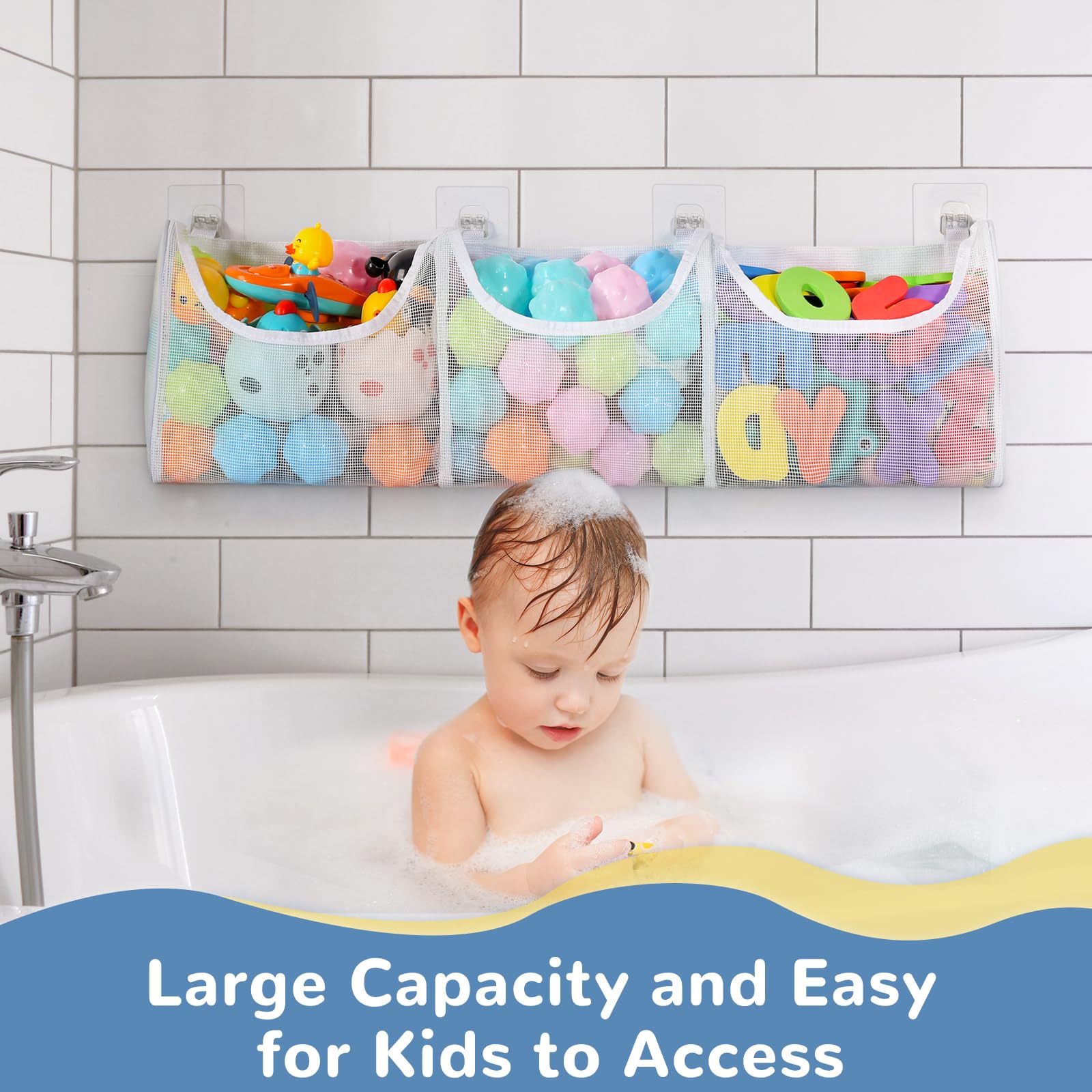 Large Capacity 3-Compartment Bath Toy Organizer - Mesh Shower Caddy for Kids & Baby Bath Toys | Perfect for Bathtub Storage, Bathroom Organization & Playtime Cleanup