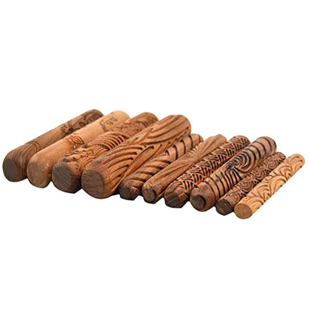 10pcs Wooden Clay Modeling Pattern Rollers Kit - Pottery Tools Set with Storage Box for DIY Ceramic Art & Pastry Making | Lightweight, Easy to Clean & Convenient Design | Perfect for Home Crafts, School Projects & Professional Pottery Studios