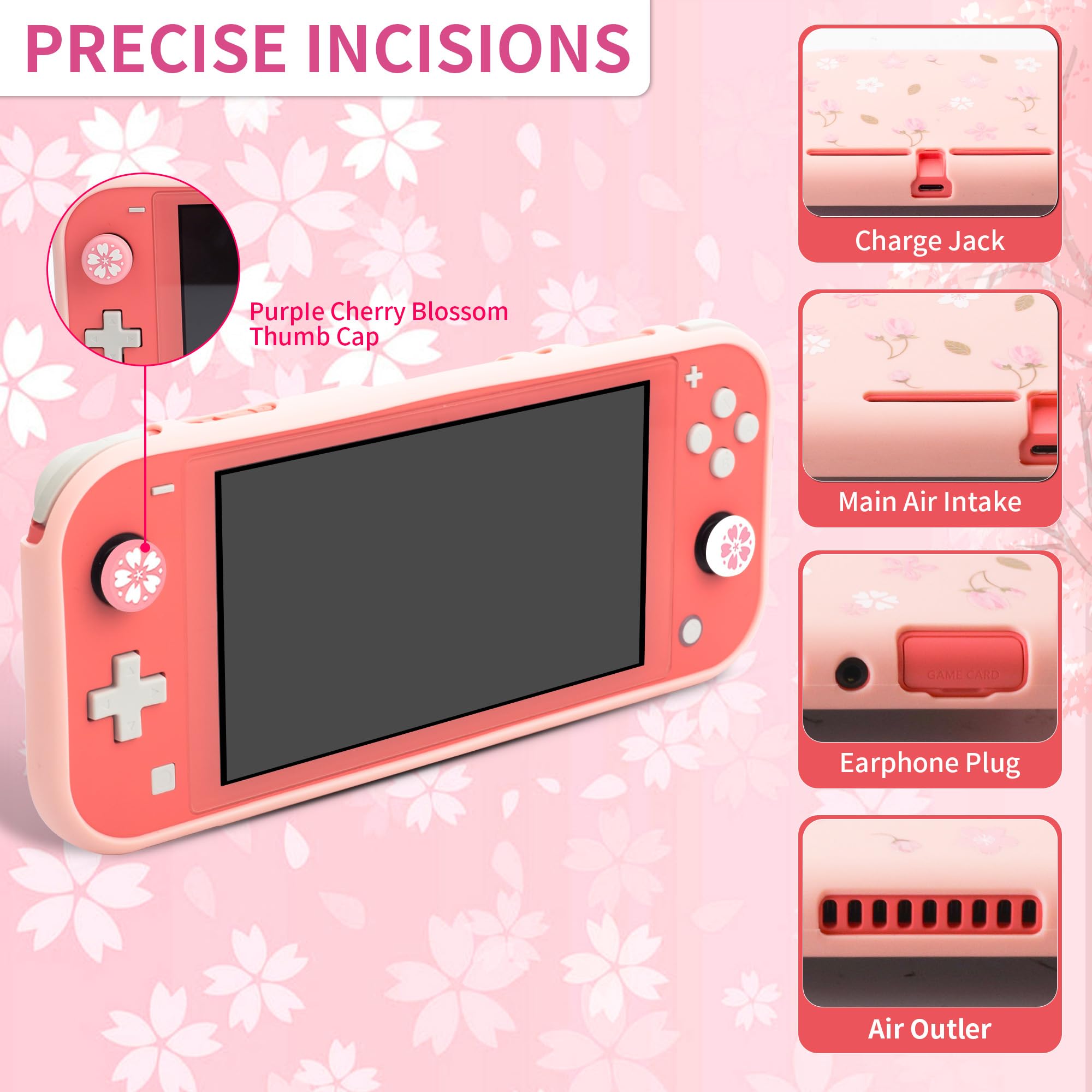 **FUNDIARY Pink & White Nintendo Switch Lite Travel Case with Sakura Design - Slim Storage Bag, Silicone Cover, Screen Protector, Handle Strap & 2 Thumb Caps - Perfect for Gaming On-The-Go & Travel Accessories**