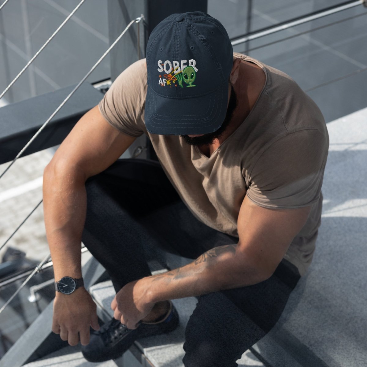Sober AF Embroidered Distressed Dad Hat - Galactic Sobriety Cap for Men & Women - Perfect for Recovery, AA Meetings & Sober Living