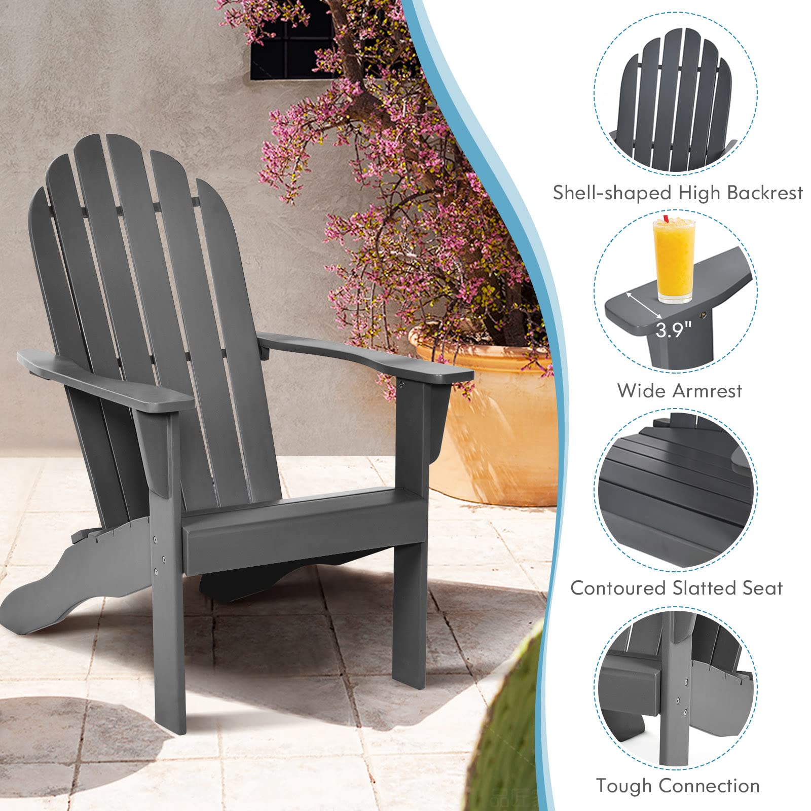 Tangkula Acacia Wood Adirondack Chair - Weather-Resistant Outdoor Lounge Chair with Slatted Seating for Patio, Garden, Poolside & Backyard Relaxation