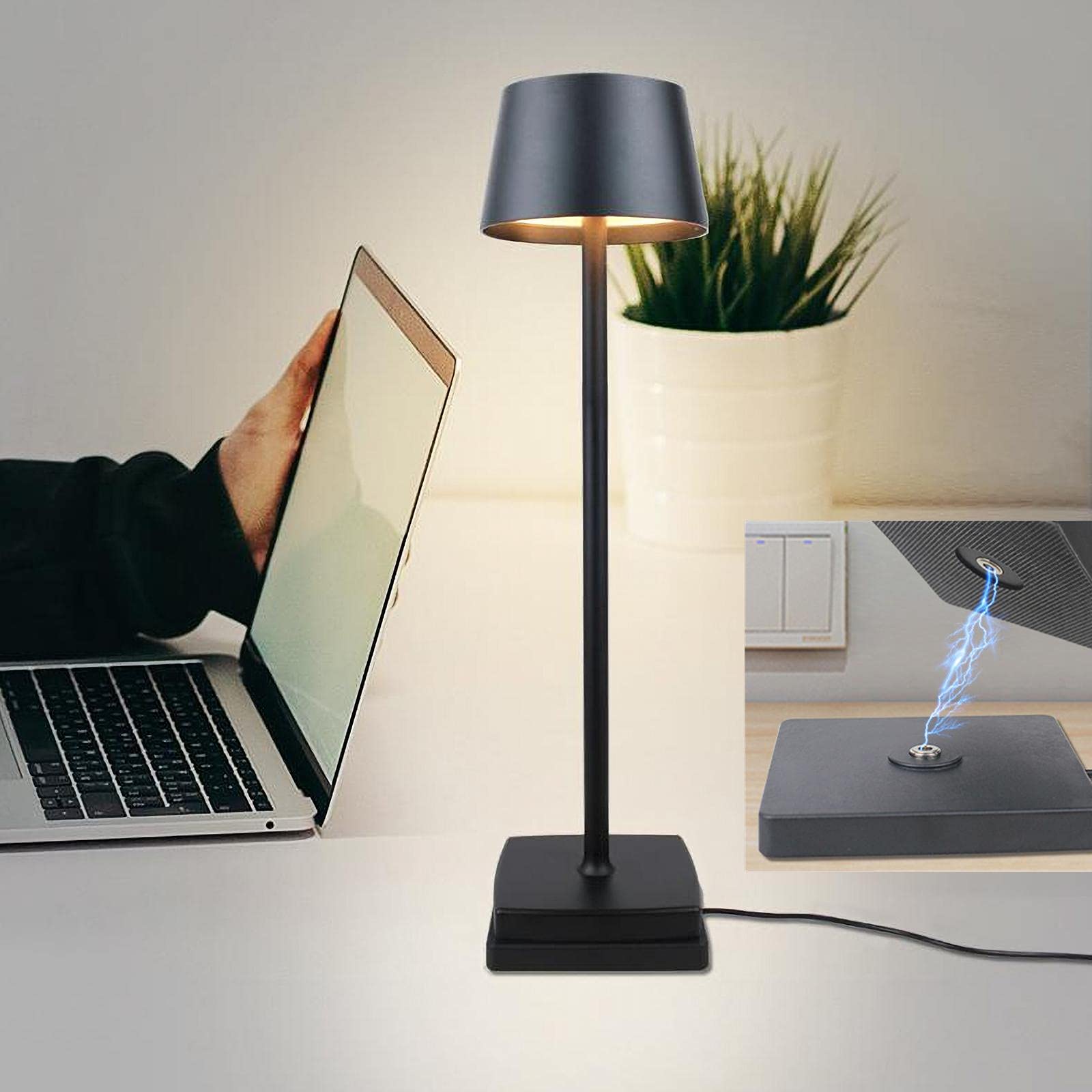 Rechargeable LED Cordless Table Lamp - Dimmable Aluminum Desk Light with Base Contact Charging, Black | Perfect for Bedroom, Office & Outdoor Lighting