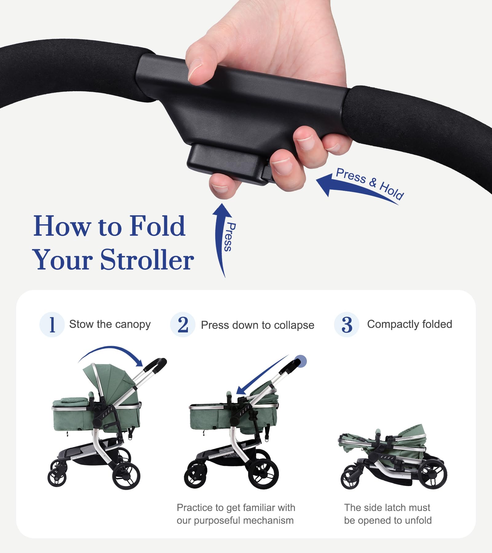 2-in-1 Convertible Baby Stroller with Aluminum Frame & Linen Fabric - Bassinet & Toddler Stroller with Rubber Wheels, Foldable Infant Stroller with Reversible Seat, Adjustable Backrest & Canopy - for Newborn to 3 Years (0-36 Months) - Green | Perfect for Park Walks, Shopping & Travel