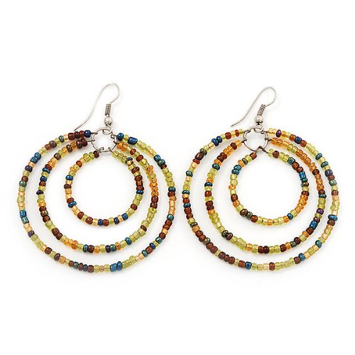 Stylish Lime Green & Brown Glass Bead Hoop Earrings in Silver Finish - 6.5cm (2.56 inches) Dangle Earrings for Women | Perfect for Parties, Weddings & Everyday Fashion Accessories