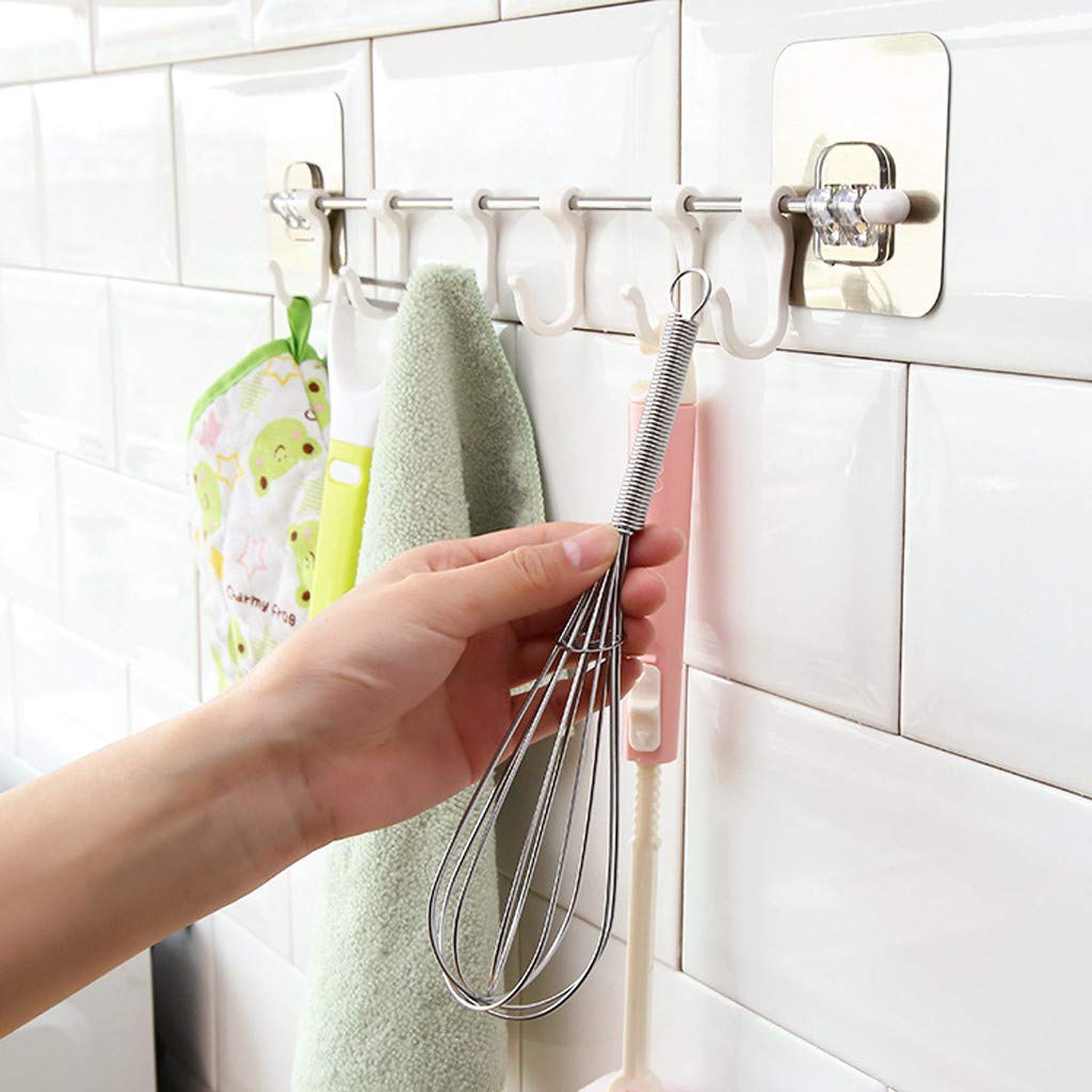 1 PC Self-Adhesive Wall Hooks - 6 Hooks Heavy Duty Sticky Hangers for Keys, Towels, Kitchen & Bathroom Organization - Space Saving Storage Solution for Home, Office, Dorm (White) - Perfect for Hanging Coats, Hats, Bags & More