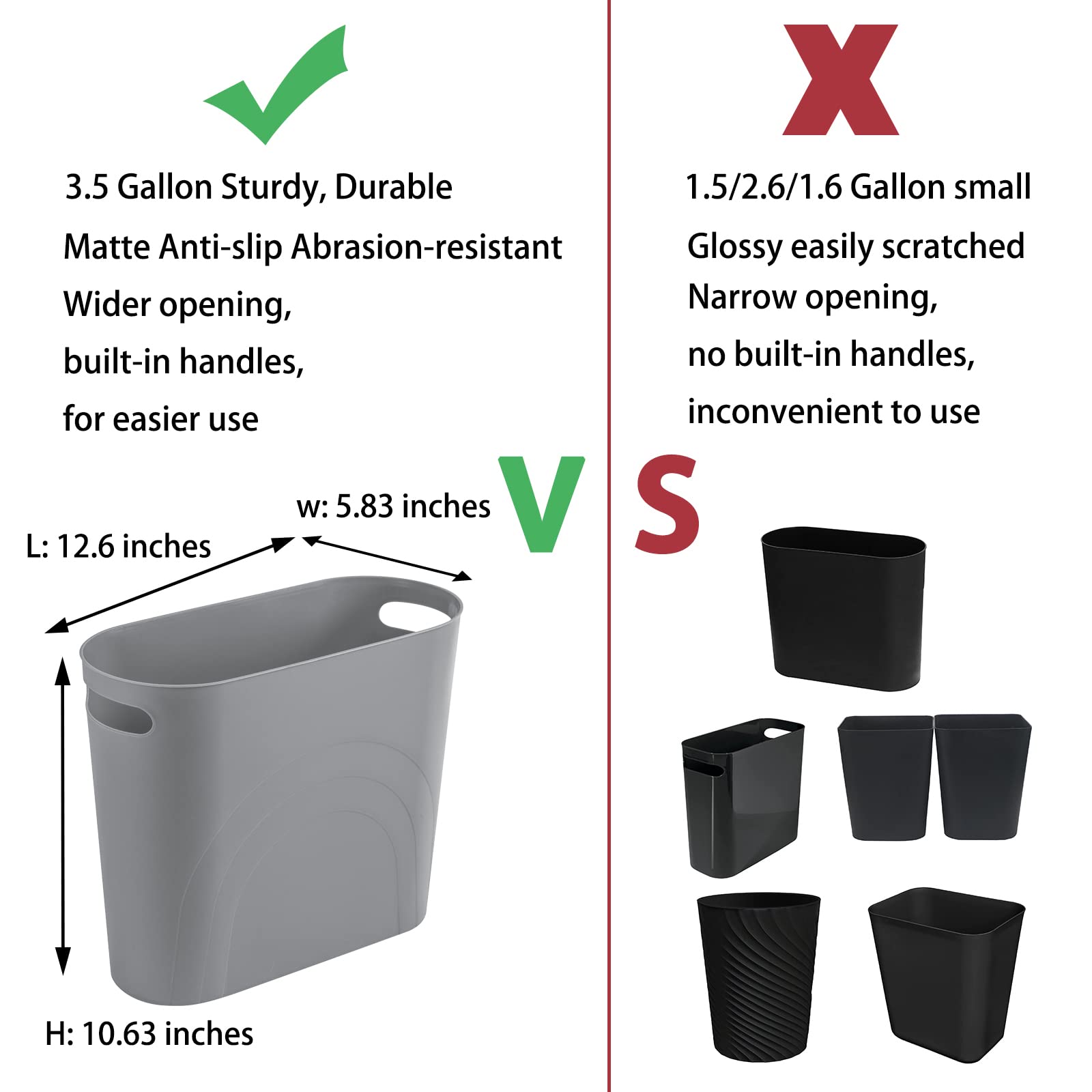 Rejomiik Small Trash Can - Slim 3.5 Gallon Plastic Waste Basket with Handles for Bathroom, Bedroom, Kitchen & Office | Space-Saving Garbage Bin for Narrow Spaces (2-Pack, Grey) | Perfect for Tight Corners, Under Sinks & Small Rooms