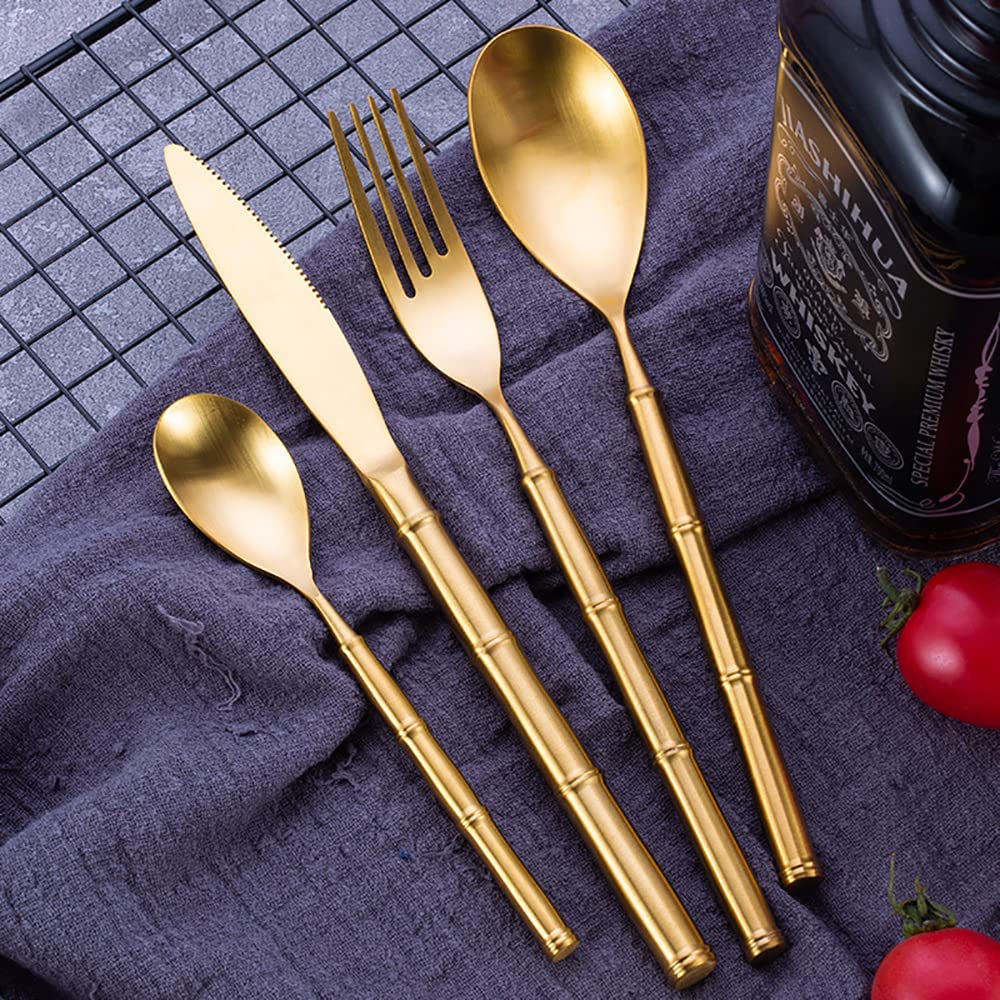 24-Piece Matte Gold Silverware Set - 304 Stainless Steel Flatware Set with Knives, Spoons & Forks - Elegant Modern Cutlery for Wedding, Party & Everyday Dining - Dishwasher Safe Kitchen Utensils - Perfect for Home Entertaining & Restaurant Use