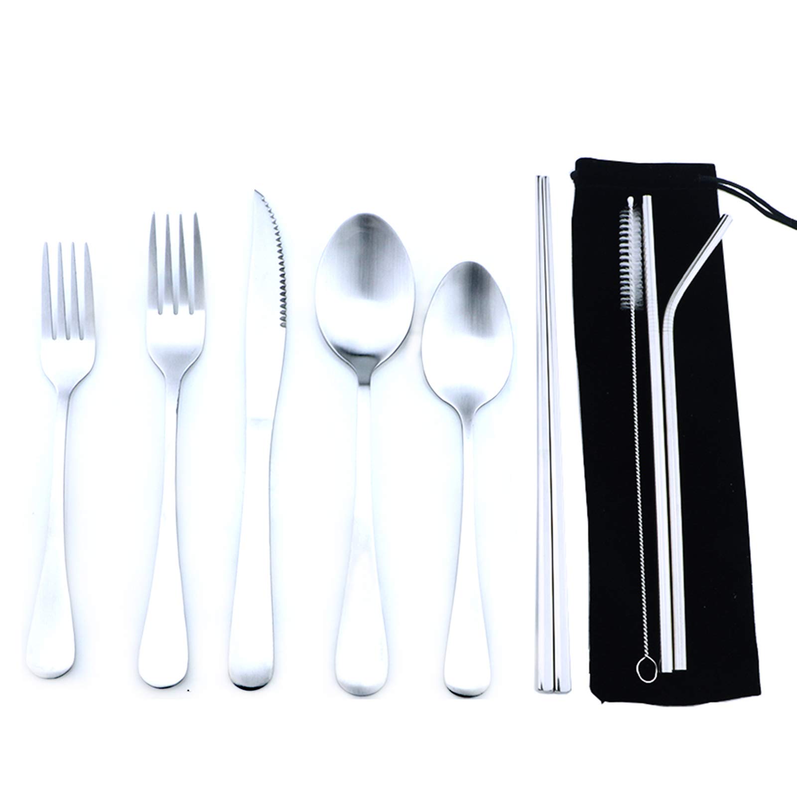 Premium Stainless Steel Reusable Utensil Set with Travel Case - 18-Piece Eco-Friendly Cutlery Kit (Knife, Fork, Spoon, Mirror Straws, Chopsticks) for Camping, Hiking, Office Lunch & School Meals - Durable Matte Flatware for Outdoor Adventures & Daily Use