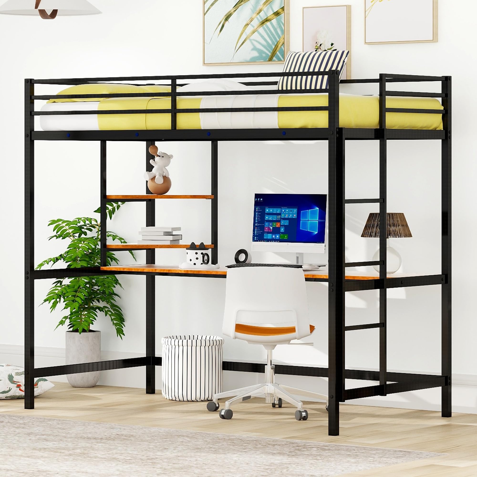 Twin Size Loft Bed with Desk & Storage - Heavy Duty Metal Frame with Safety Guardrail for Kids - Space Saving Black Loft Bed for Small Rooms & Dormitories - Perfect for Study, Sleep & Organization