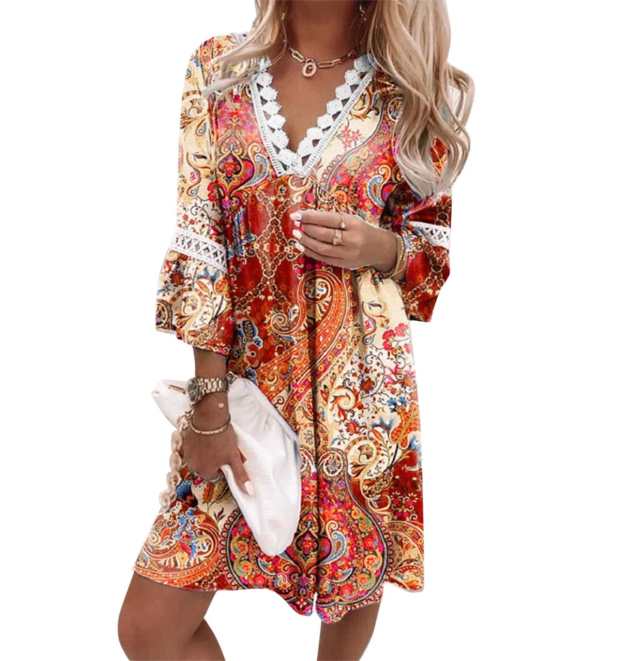 Women's Floral Bohemian Mini Dress with Flare Bell Sleeves - Casual Boho Beach Maxi Dress for Summer | Perfect for Vacations, Music Festivals & Date Nights