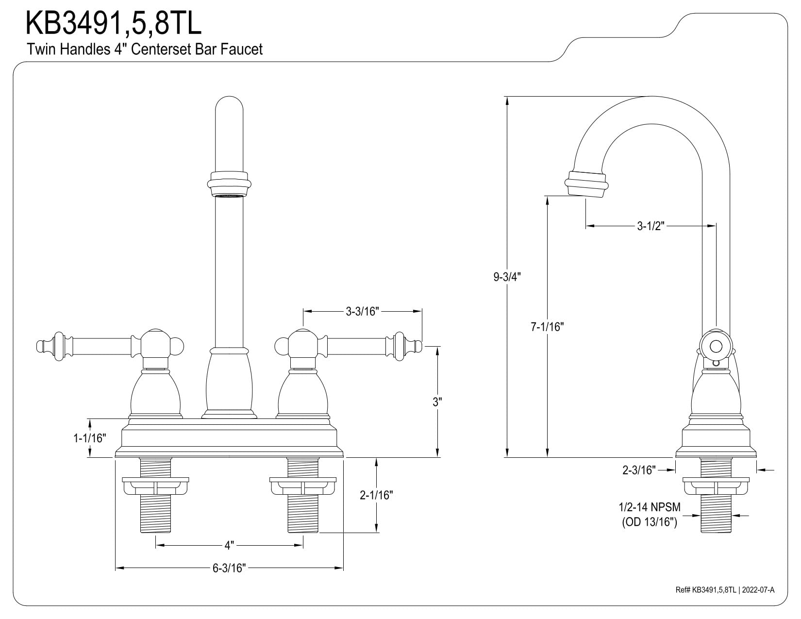 Kingston Brass KB3495TL 3-3/4 Inch Oil Rubbed Bronze Bar Faucet Without Pop-Up - Vintage Style Sink Faucet for Bathroom, Kitchen & Wet Bar Restoration Projects