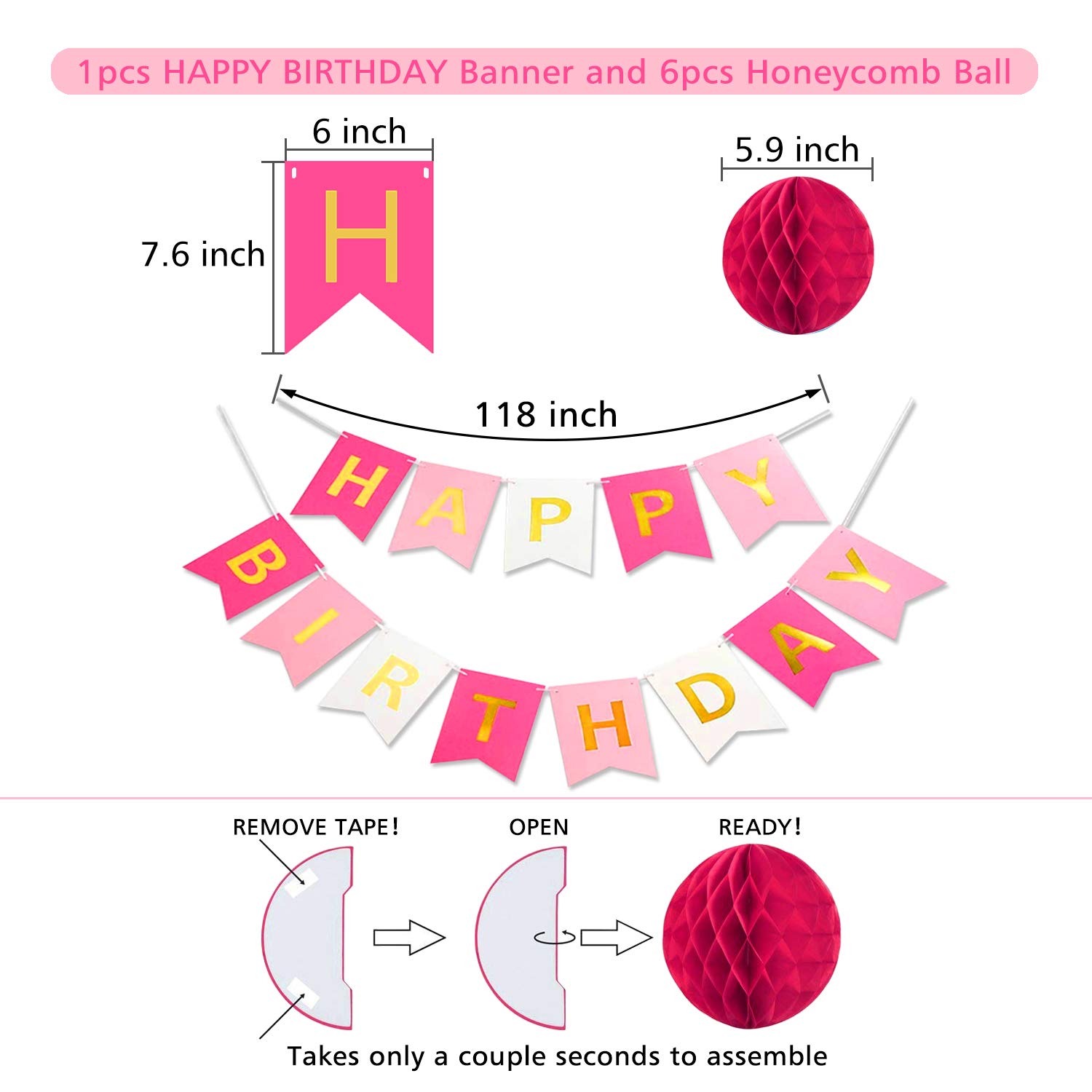 Pink Birthday Party Decorations Set - Happy Birthday Banner, Paper Honeycomb Balls, Circle Garland & Hanging Swirls - Perfect for Baby Showers, Bridal Showers & Birthday Celebrations