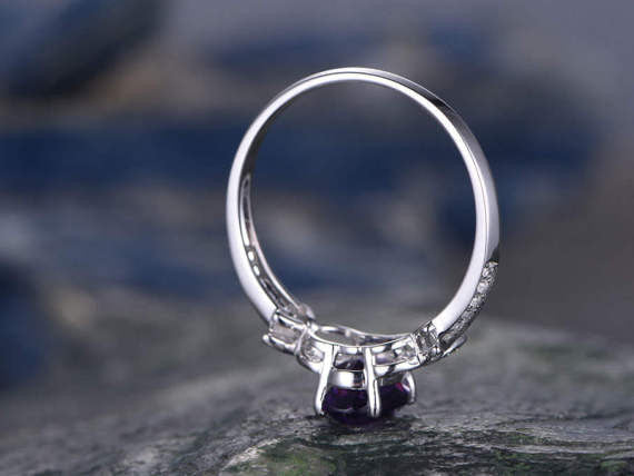 14K White Gold Handmade Purple Amethyst Engagement Ring - 6x8mm Oval Cut Diamond Butterfly Flower Promise Ring for Women | Wedding, Anniversary, Valentine's Day Gift