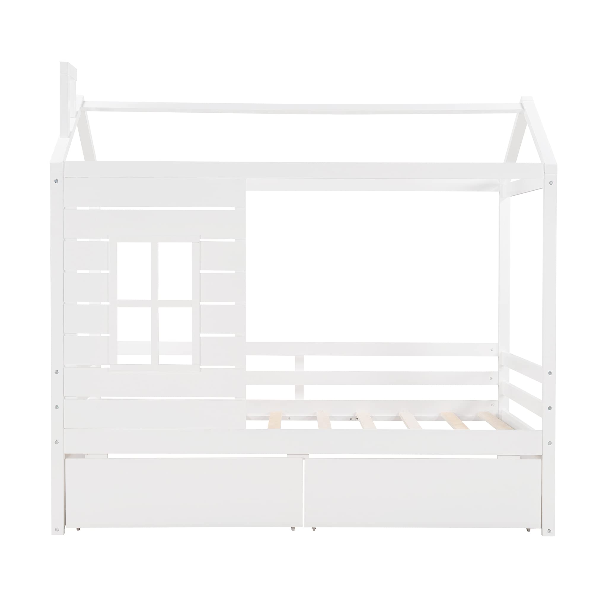 Wooden House Bed Frame with Roof, Window & Guardrail - Twin Size Kids Bed with 2 Storage Drawers - Perfect for Boys, Girls, Teens & Children's Bedroom Decor - Playful Sleep Space for Imaginative Play & Cozy Nights