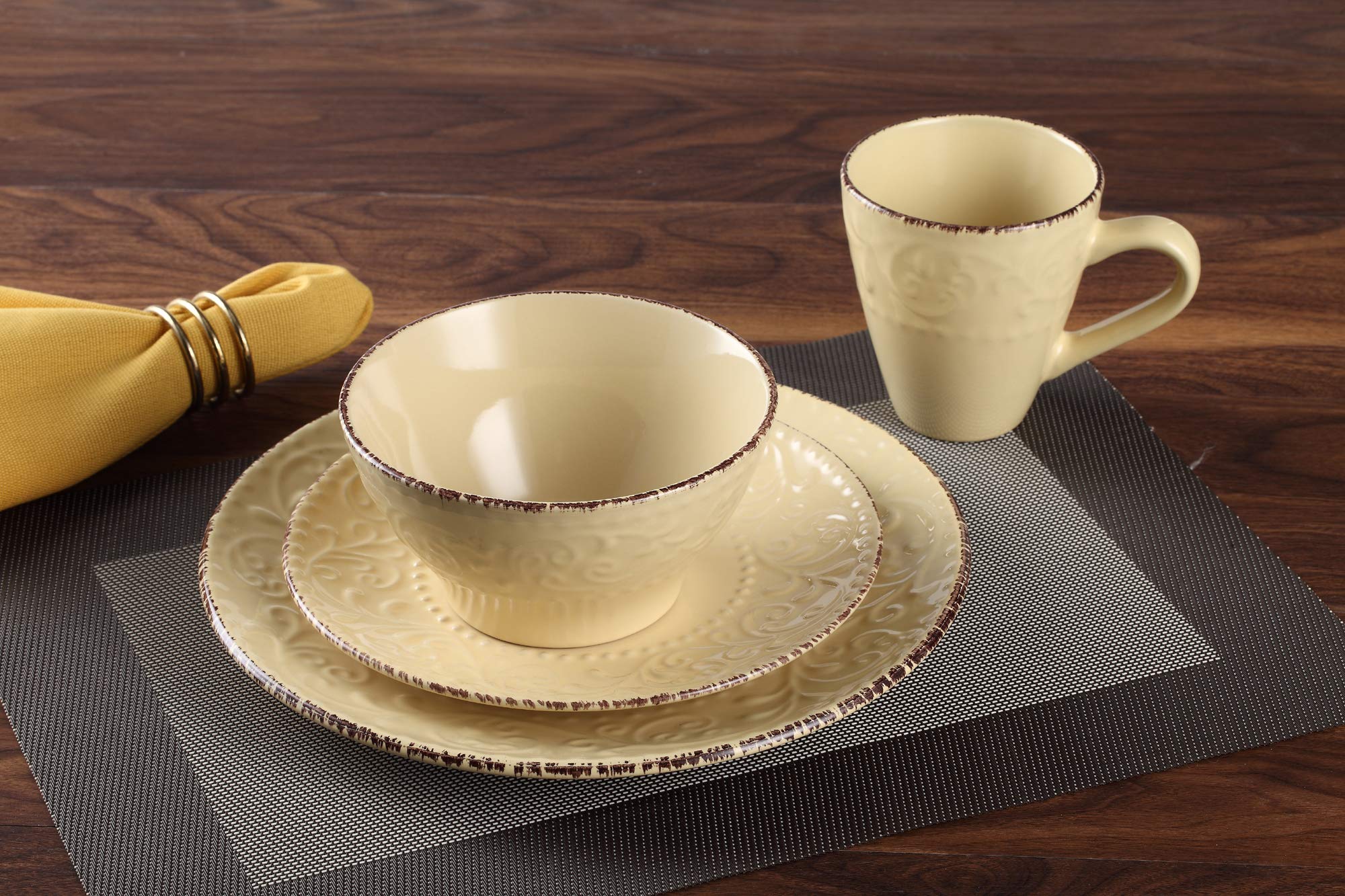 Elegant Modern Stoneware Scroll Dinnerware Set - 16 Piece Yellow Dinner Plates, Bowls & Mugs for Parties, Events & Home Decor | Perfect for Thanksgiving, Christmas & Family Gatherings
