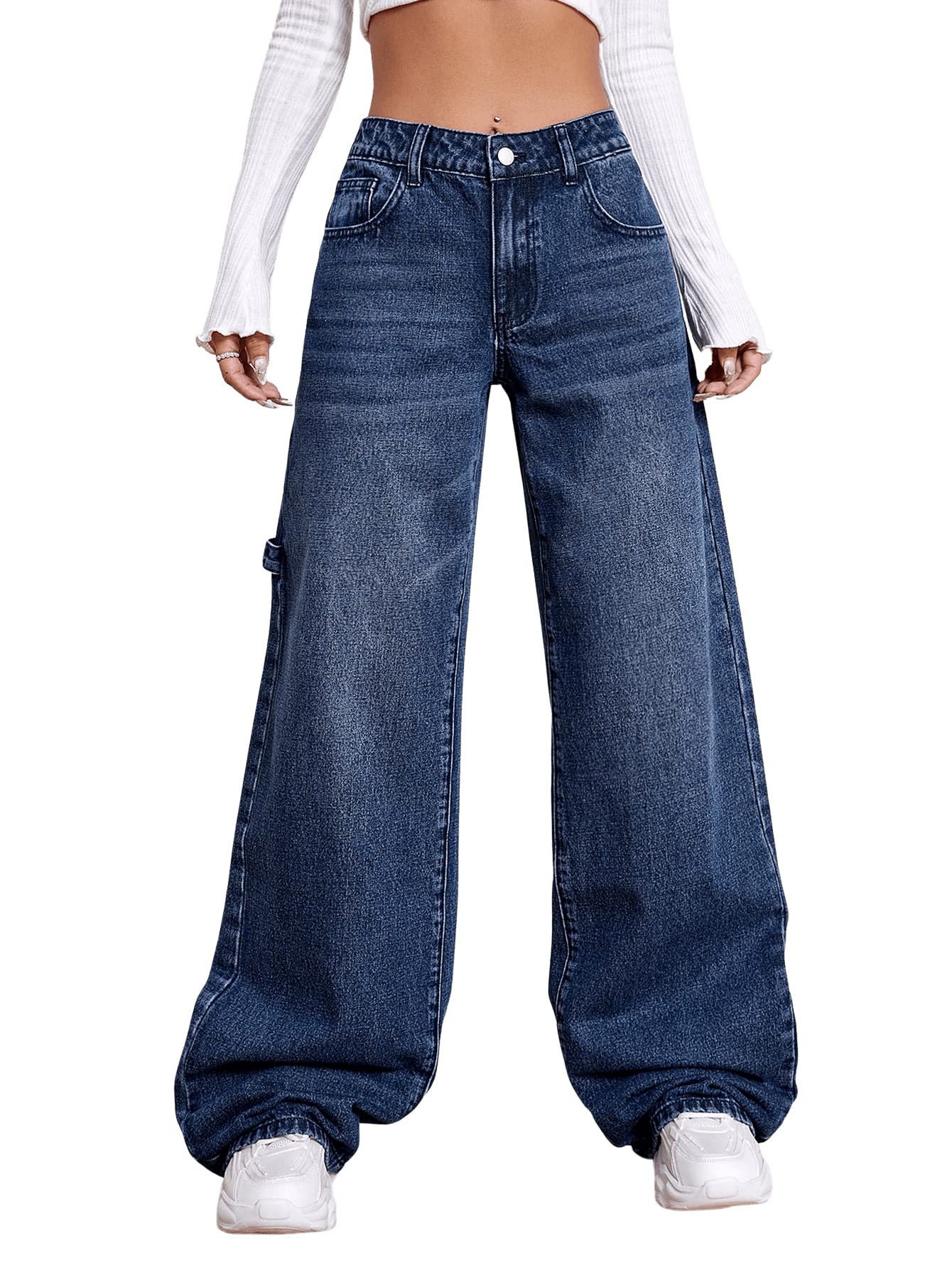 SweatyRocks Women's Casual Loose Ripped Denim Pants - Distressed Wide Leg Jeans for Women | Comfortable High Waisted Vintage Jeans for Everyday Wear, Street Style & Casual Outfits