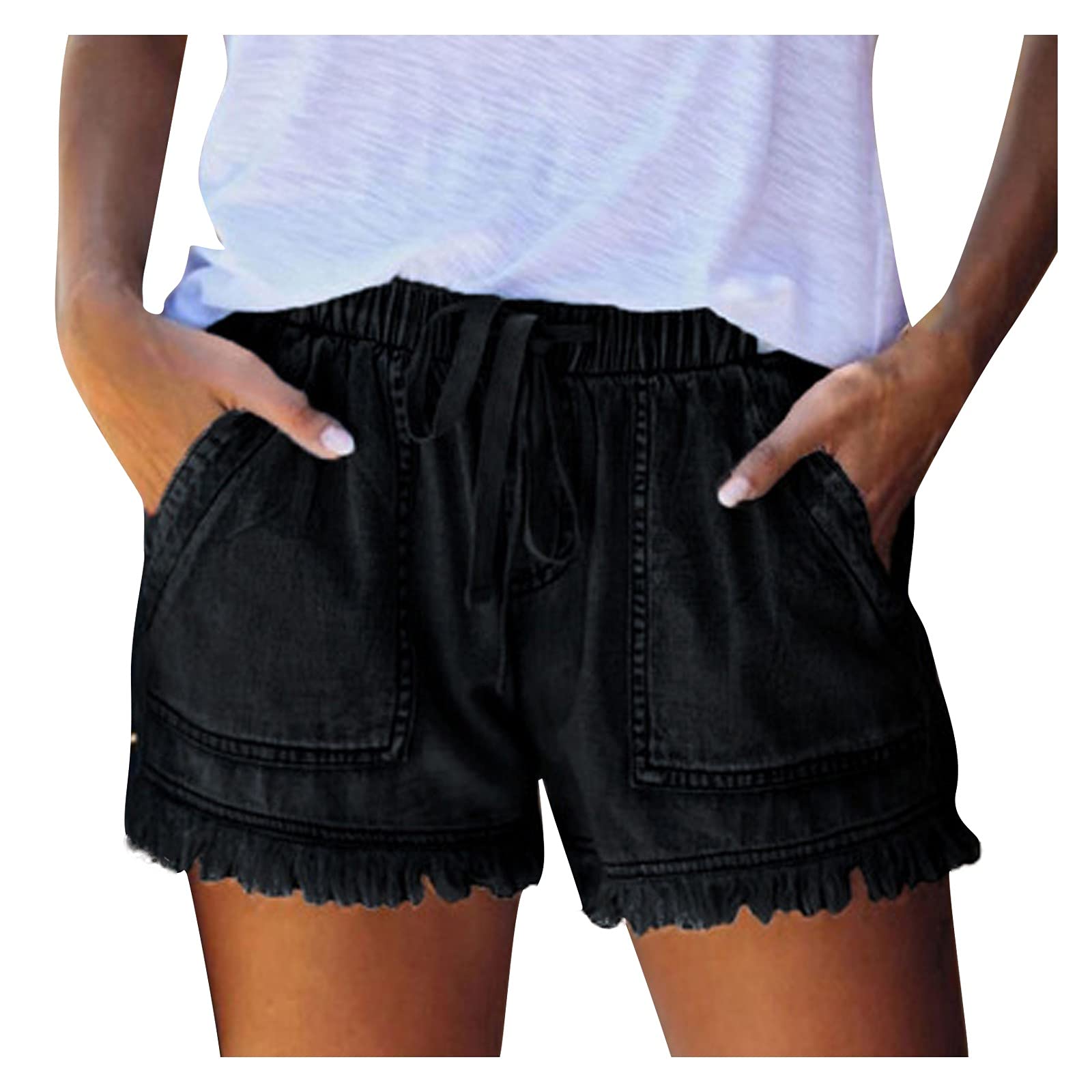 Women's Summer Stretch Denim Shorts - Mid Rise Solid Color Jean Shorts with Tassel Detail | Perfect for Beach, Vacation & Casual Outfits