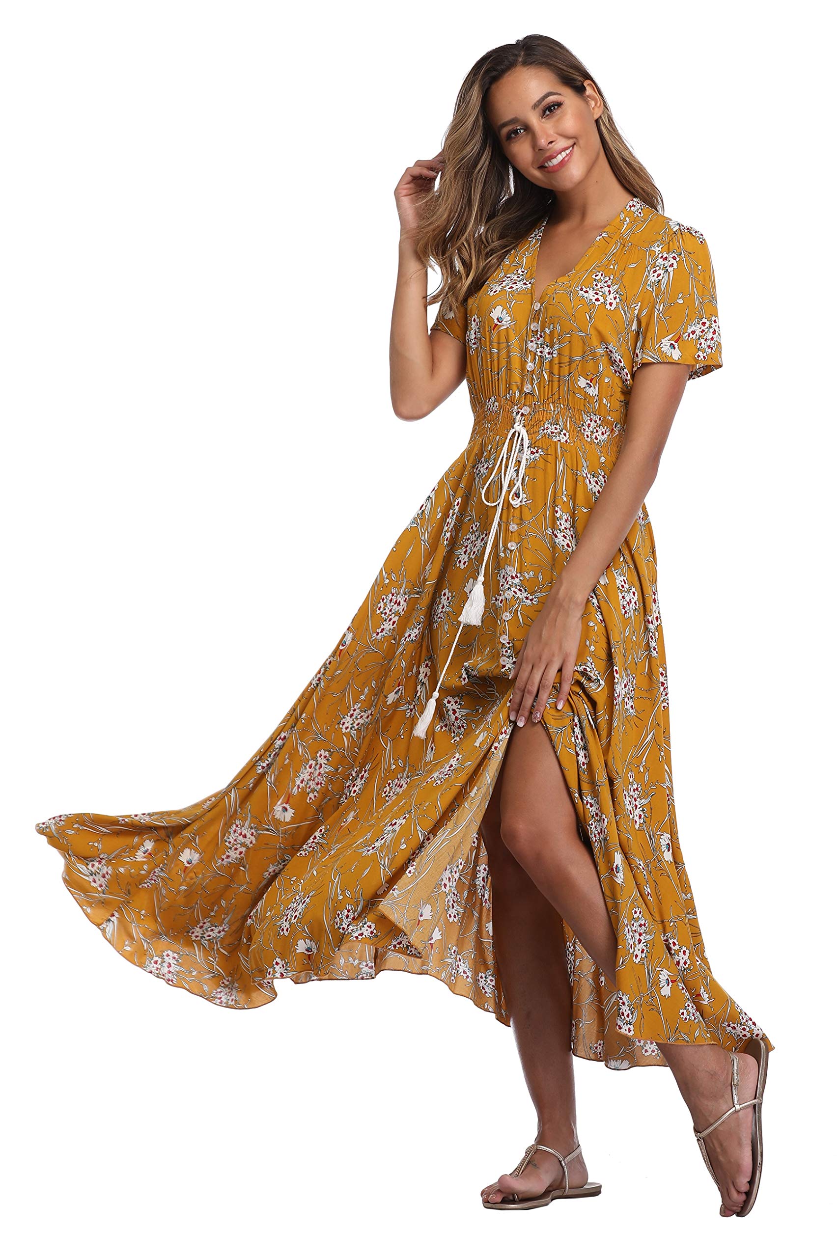 Ferrendo Women's Floral Maxi Dress with Button Up Front & Side Slit - Flowy Bohemian Summer Dress for Beach, Party & Vacation
