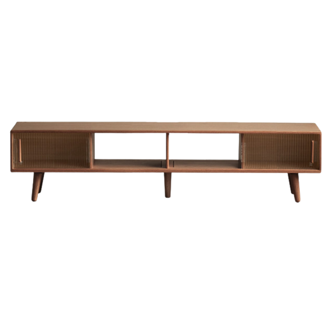 Solid Oak Wood TV Stand with Glass Sliding Doors - Rustic Rubber Wood Entertainment Center for Living Room, Bedroom & Home Theater