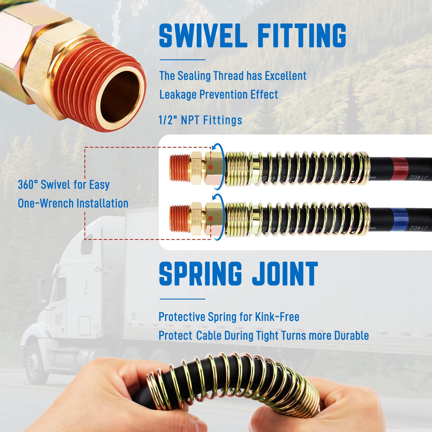 15 FT Heavy Duty Air Line Hose Assembly Set - Straight Air Power Hoses for Trailer & Truck Tractors Parts - Ideal for Commercial Vehicle Brake Systems & Pneumatic Applications