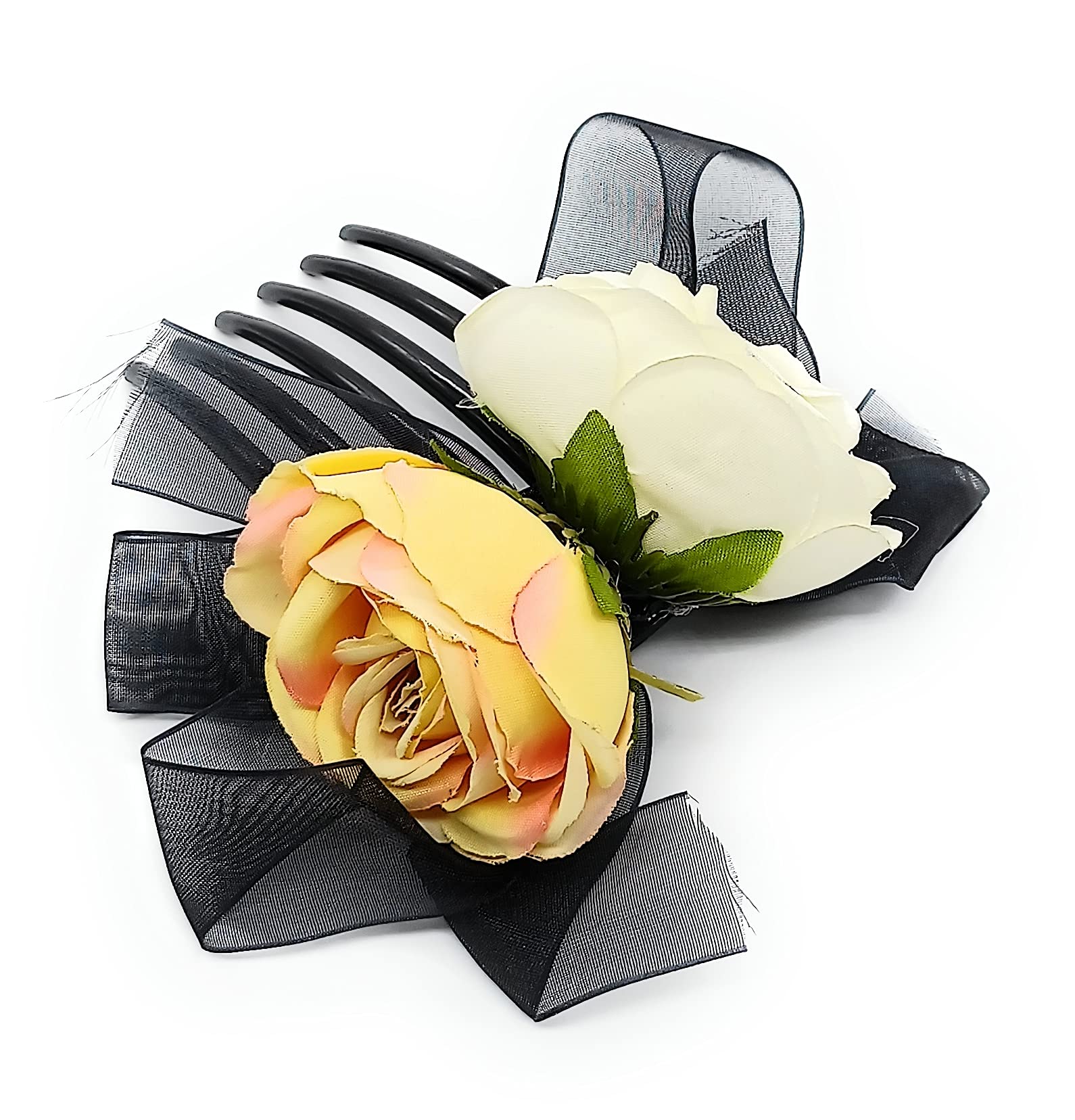 Elegant Satin Rose Hair Comb Clip - Fairy Tale Inspired Hair Accessory for Women & Girls (White/Yellow) | Perfect for Weddings, Proms & Special Occasions